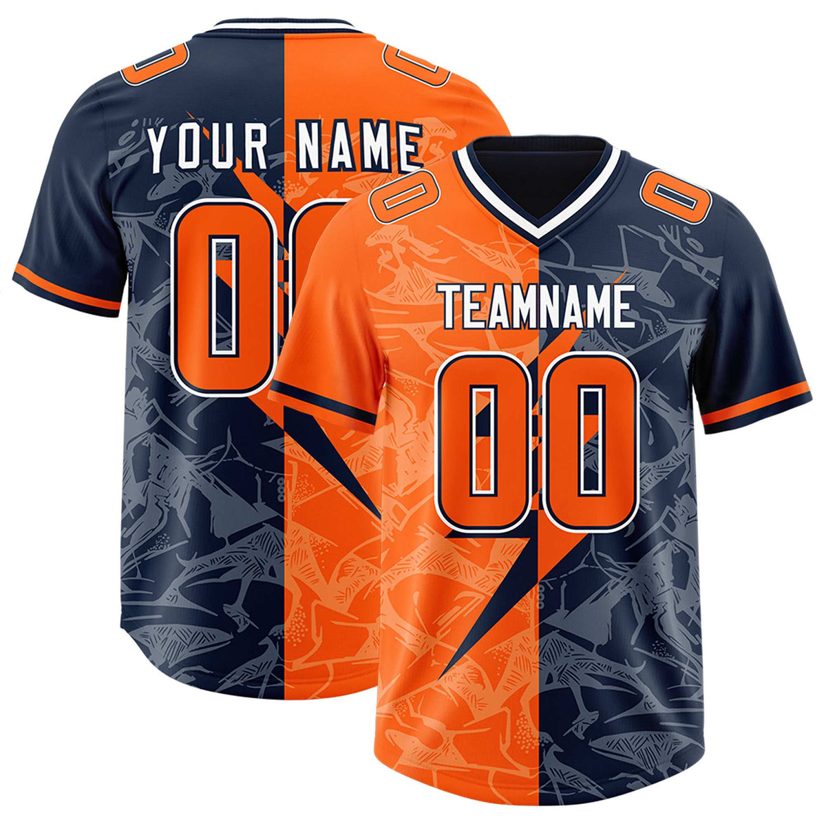 Custom Orange Navy Split Personalized Lightning Pattern American Football Jersey