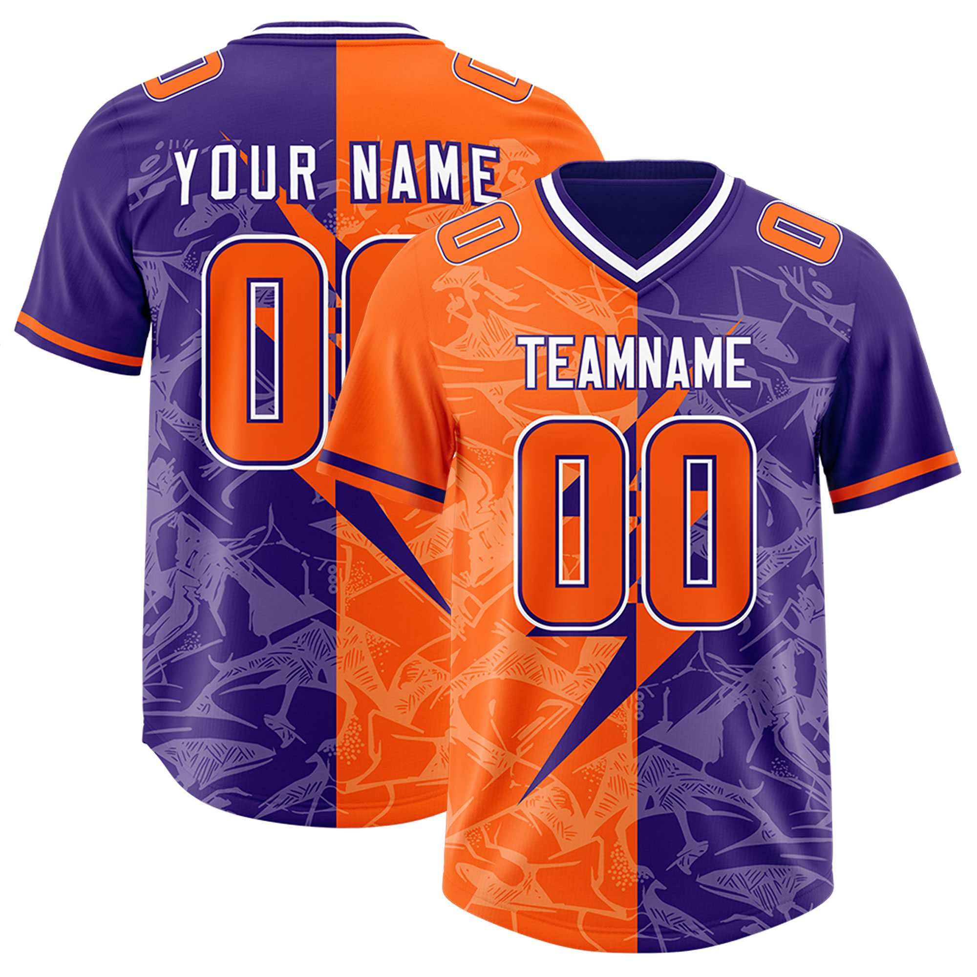 Custom Orange Purple Split Personalized Lightning Pattern American Football Jersey