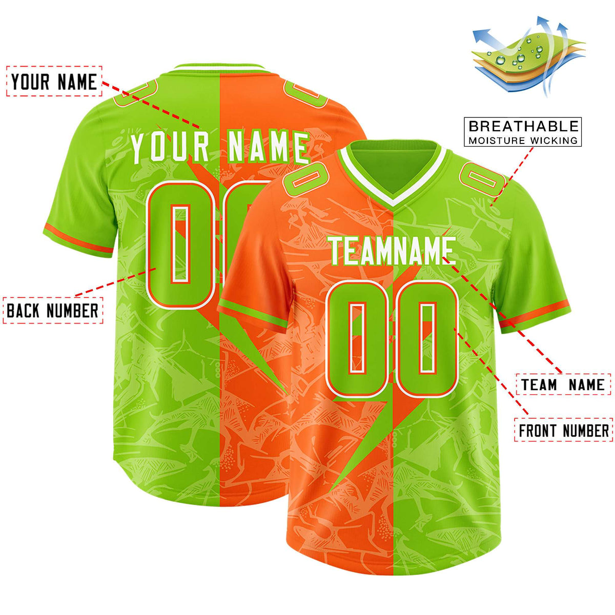 Custom Neon Green Orange Split Personalized Lightning Pattern American Football Jersey