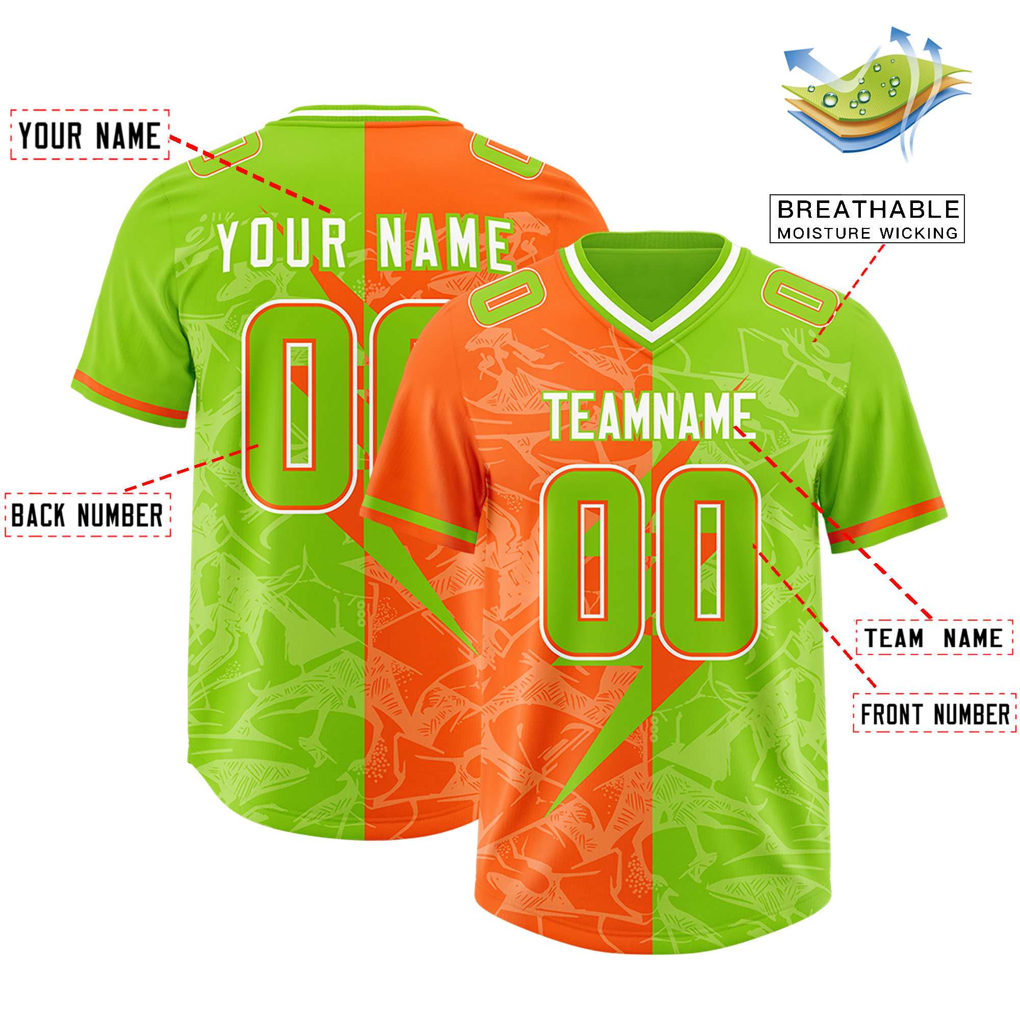 Custom Neon Green Orange Split Personalized Lightning Pattern American Football Jersey