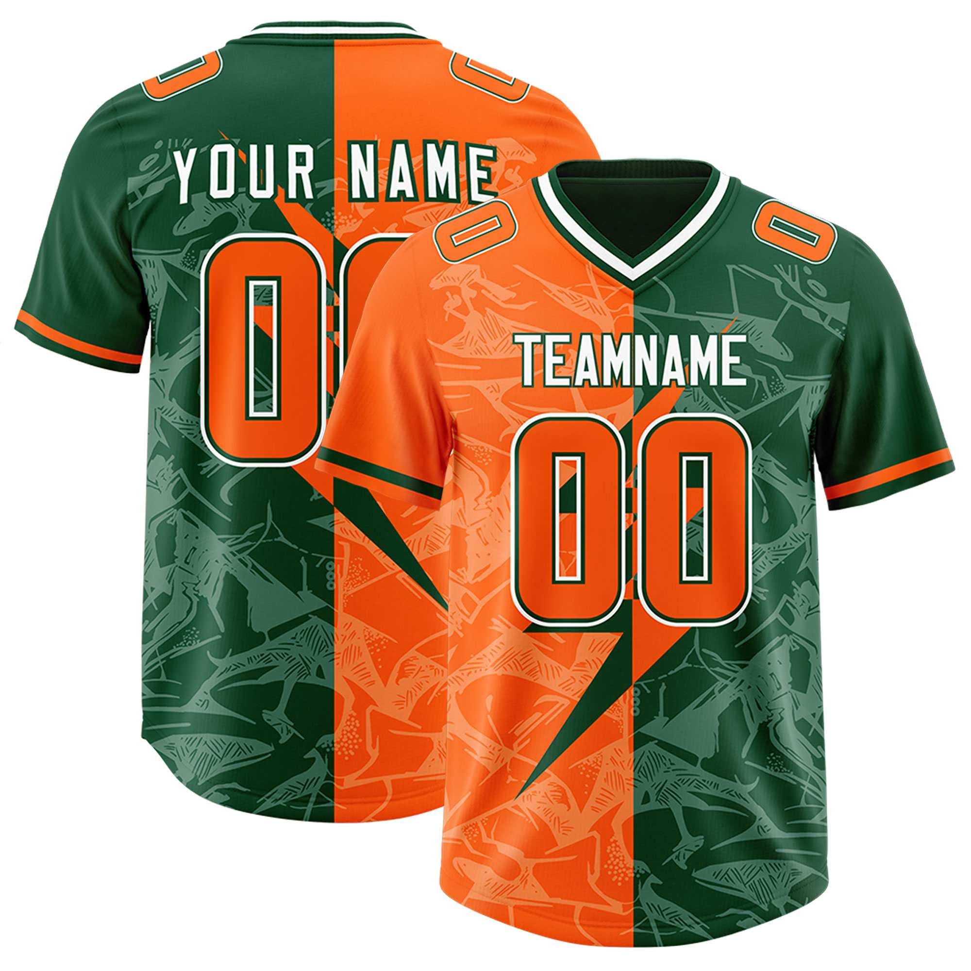 Custom Green Orange Split Personalized Lightning Pattern American Football Jersey