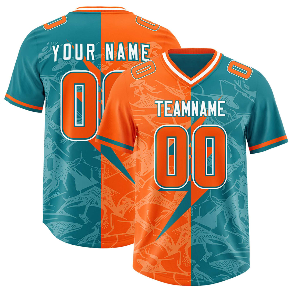 Custom Aqua Orange Split Personalized Lightning Pattern American Football Jersey
