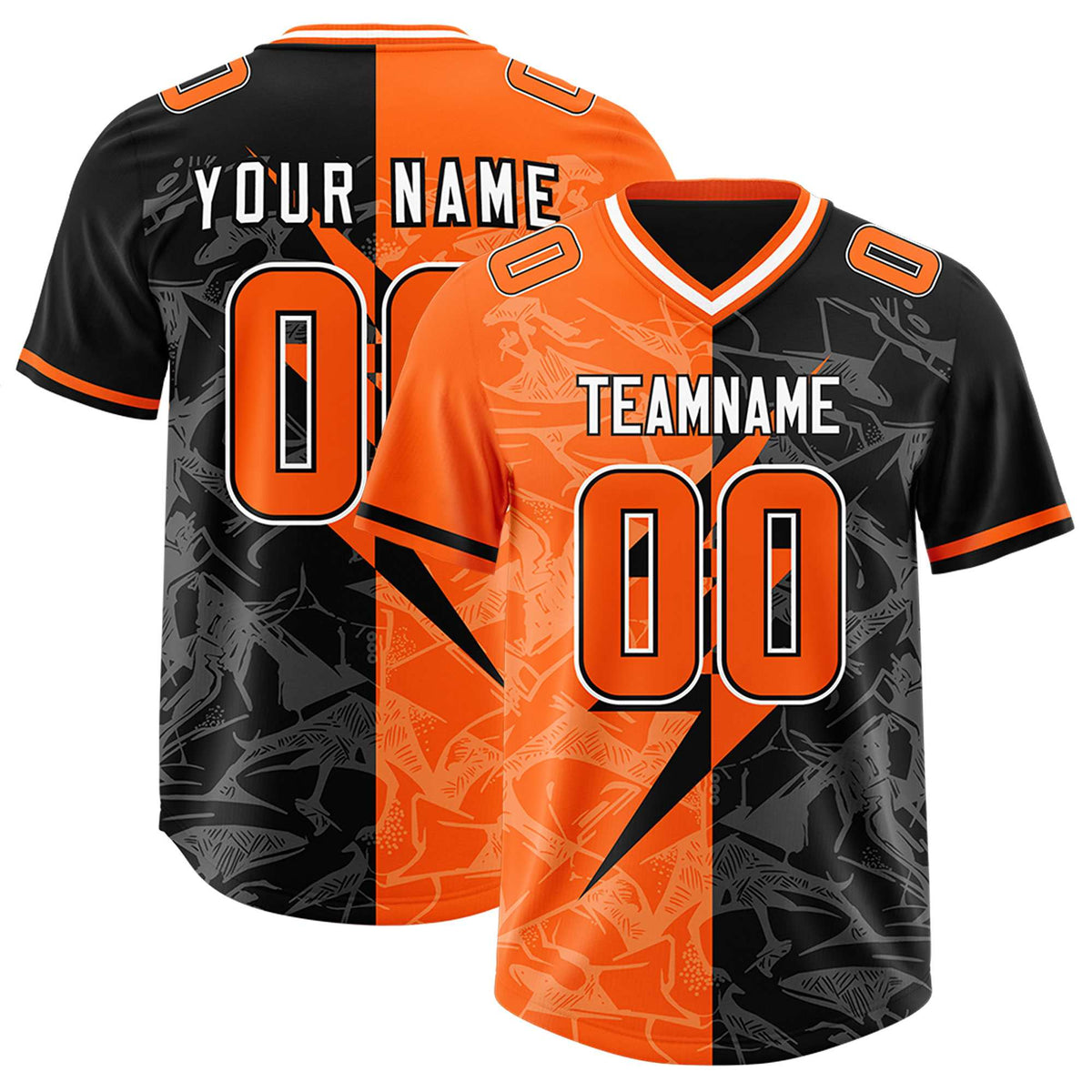 Custom Black Orange Split Personalized Lightning Pattern American Football Jersey