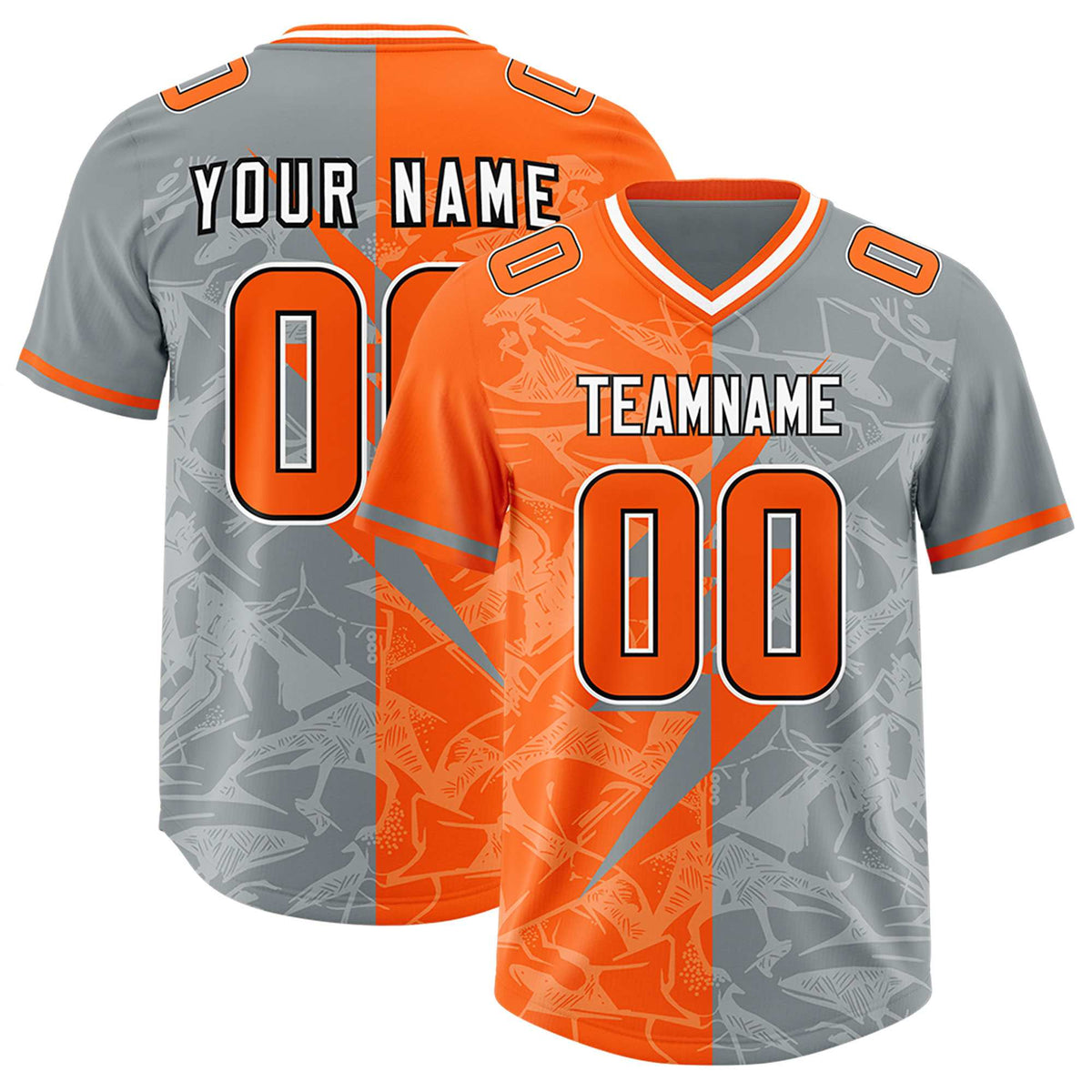 Custom Grey Orange Split Personalized Lightning Pattern American Football Jersey
