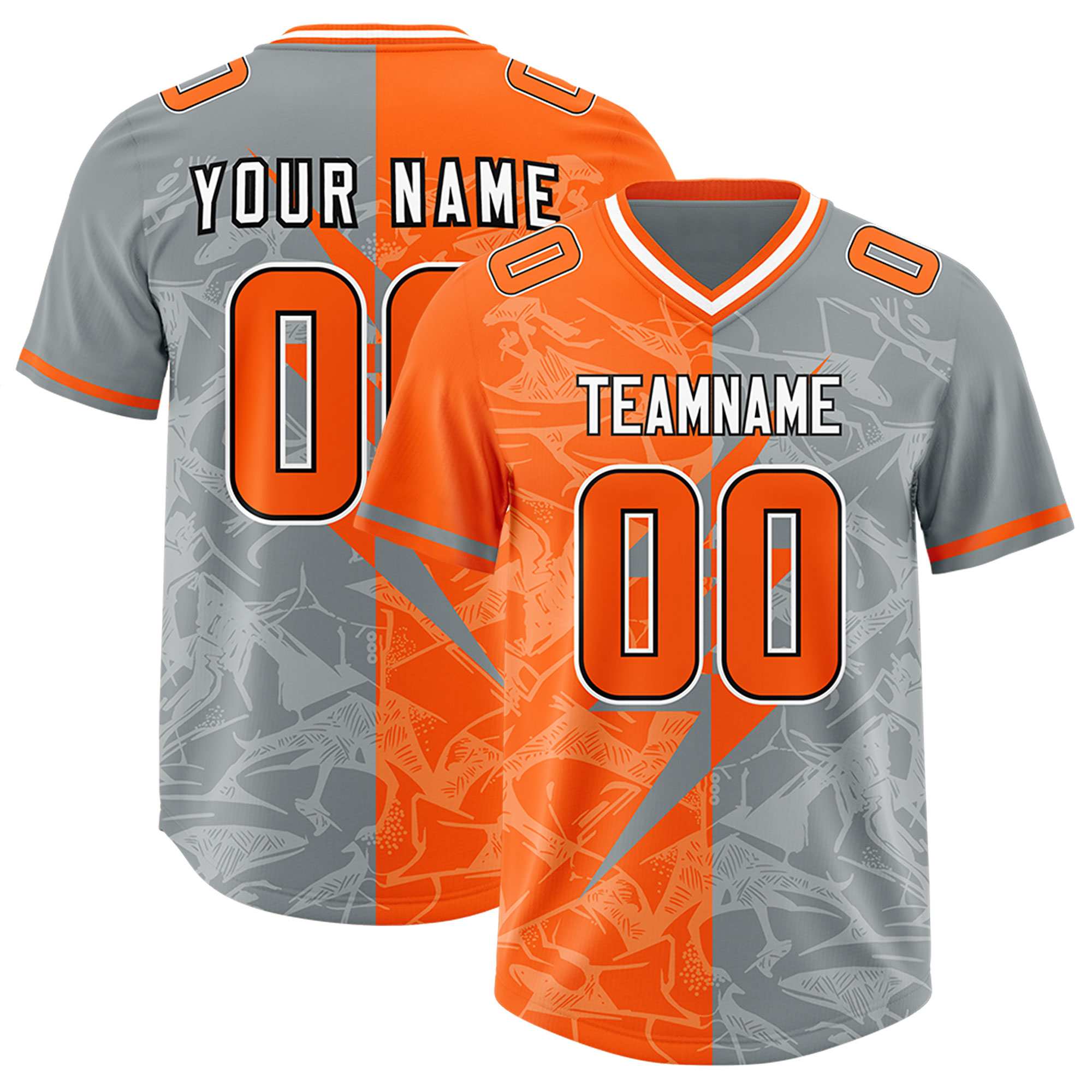 Custom Grey Orange Split Personalized Lightning Pattern American Football Jersey