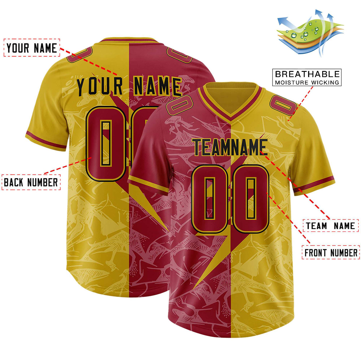 Custom Old Gold Cardinal Split Personalized Lightning Pattern American Football Jersey