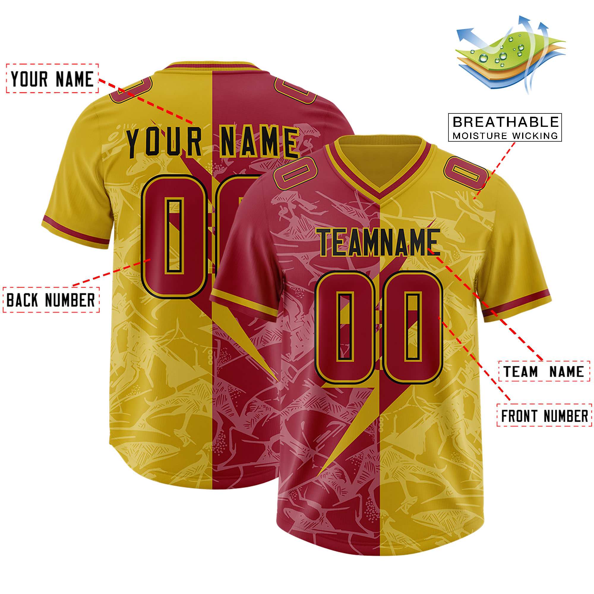 Custom Old Gold Cardinal Split Personalized Lightning Pattern American Football Jersey