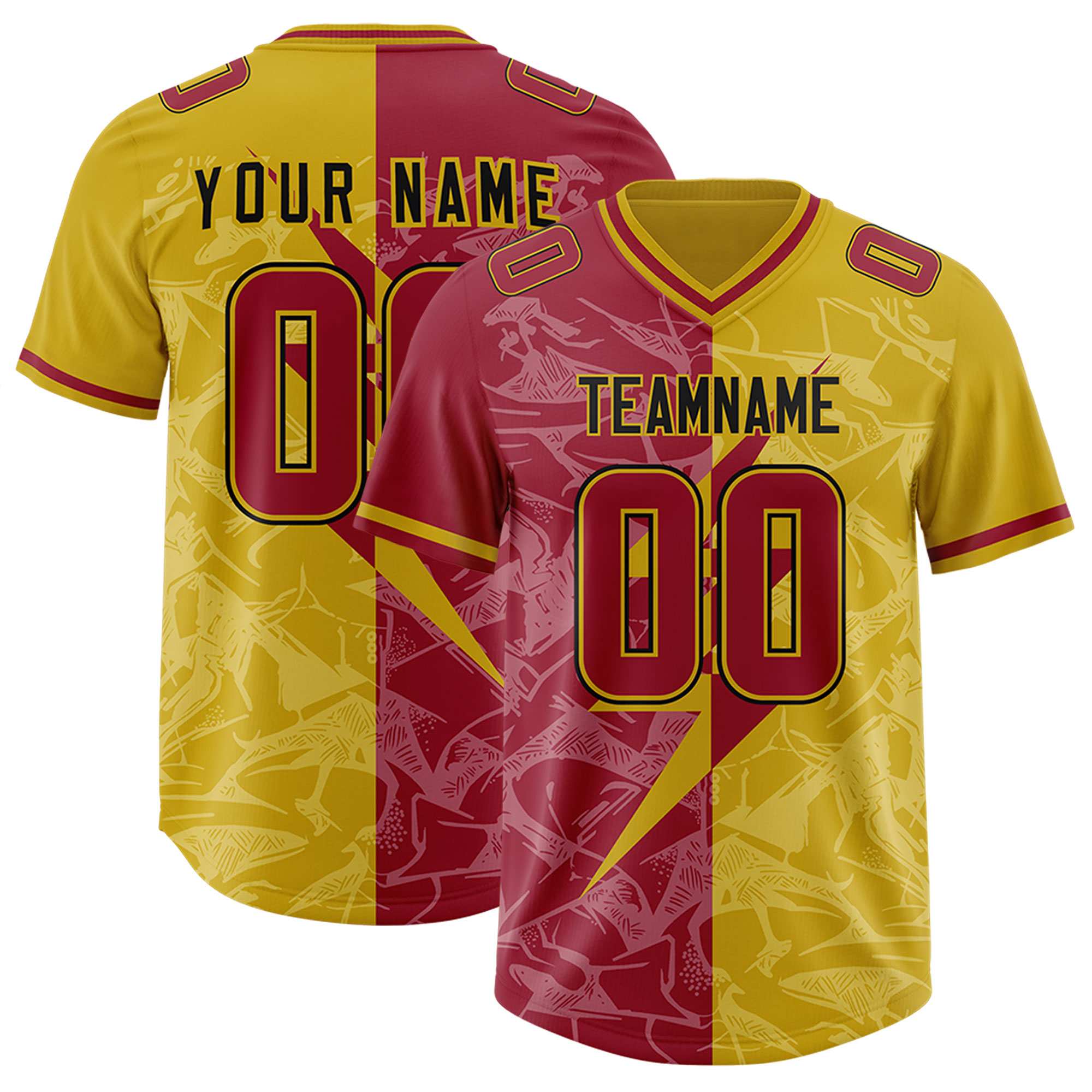 Custom Old Gold Cardinal Split Personalized Lightning Pattern American Football Jersey