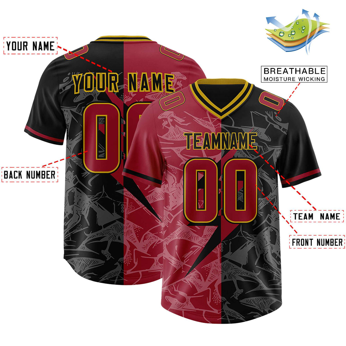 Custom Black Cardinal Split Personalized Lightning Pattern American Football Jersey
