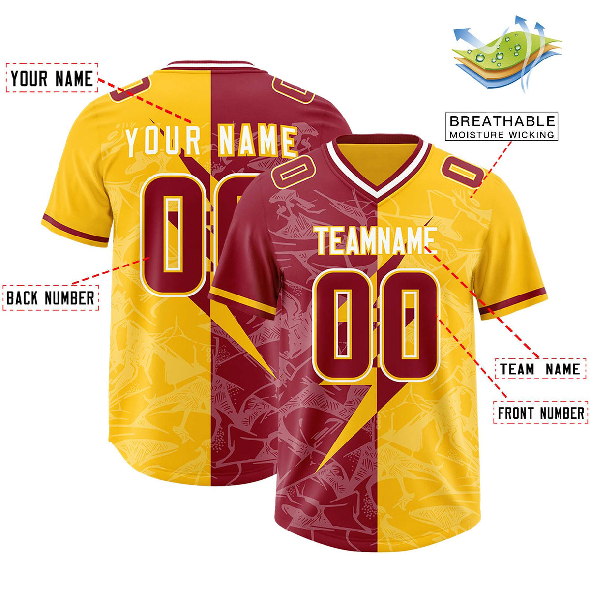 Custom Yellow Cardinal Split Personalized Lightning Pattern American Football Jersey
