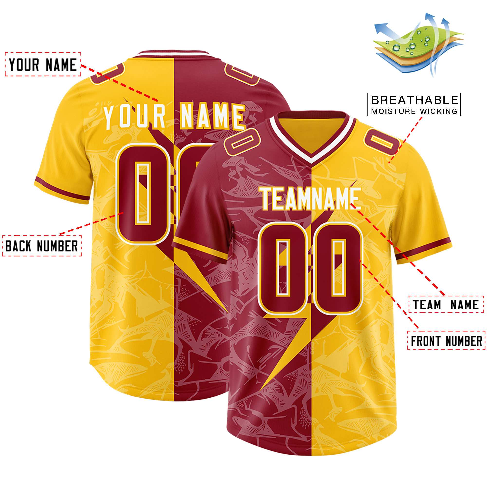 Custom Yellow Cardinal Split Personalized Lightning Pattern American Football Jersey