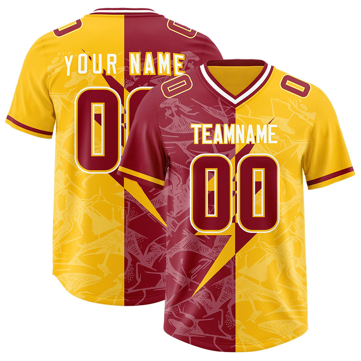 Custom Yellow Cardinal Split Personalized Lightning Pattern American Football Jersey