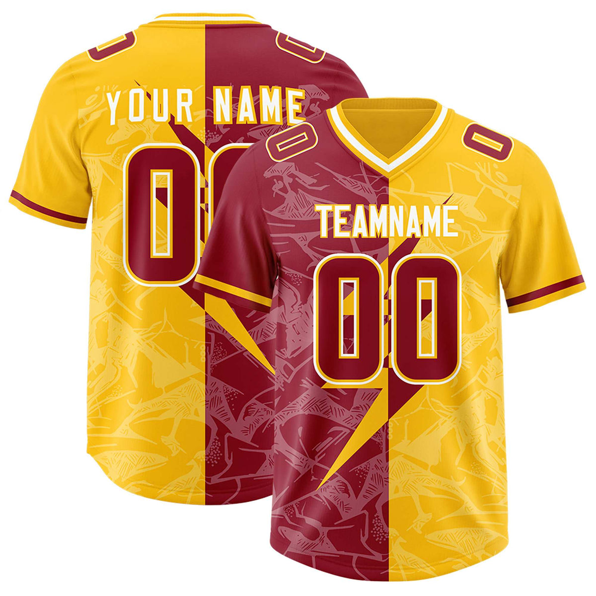 Custom Yellow Cardinal Split Personalized Lightning Pattern American Football Jersey