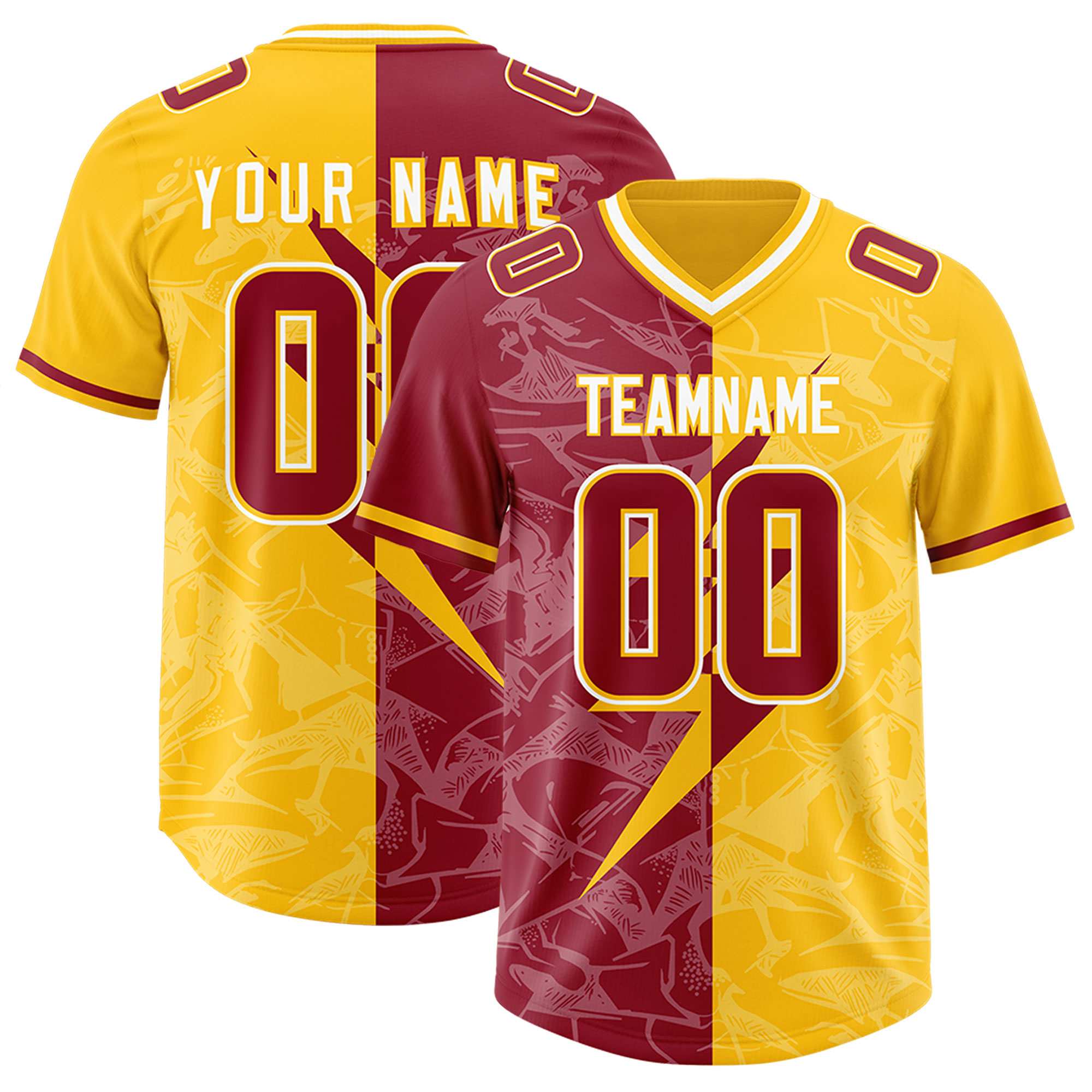 Custom Yellow Cardinal Split Personalized Lightning Pattern American Football Jersey