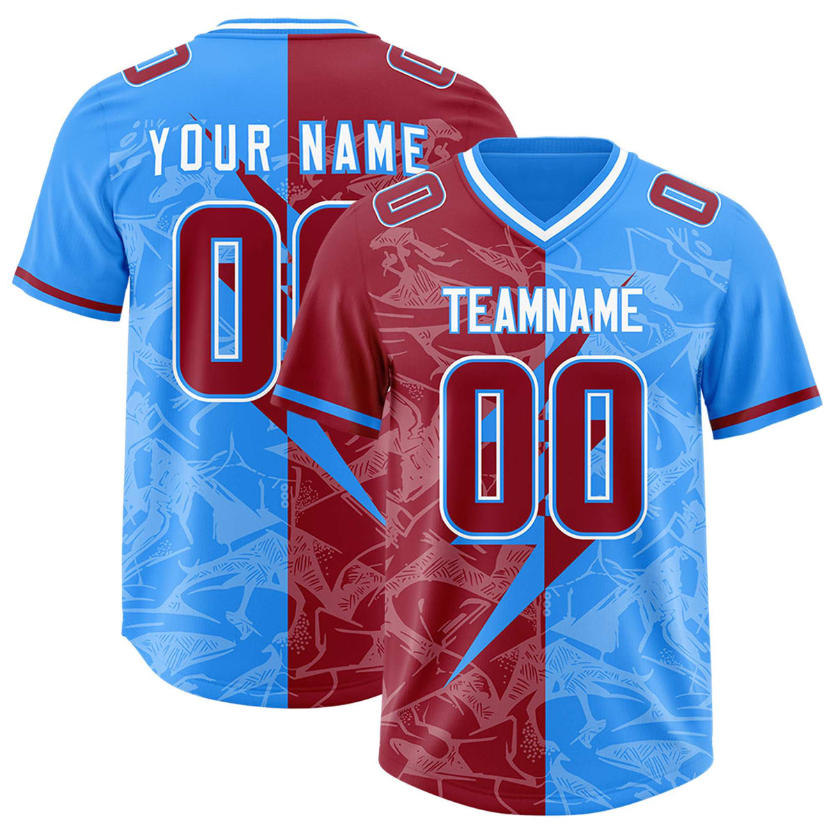 Custom Light Blue Cardinal Split Personalized Lightning Pattern American Football Jersey