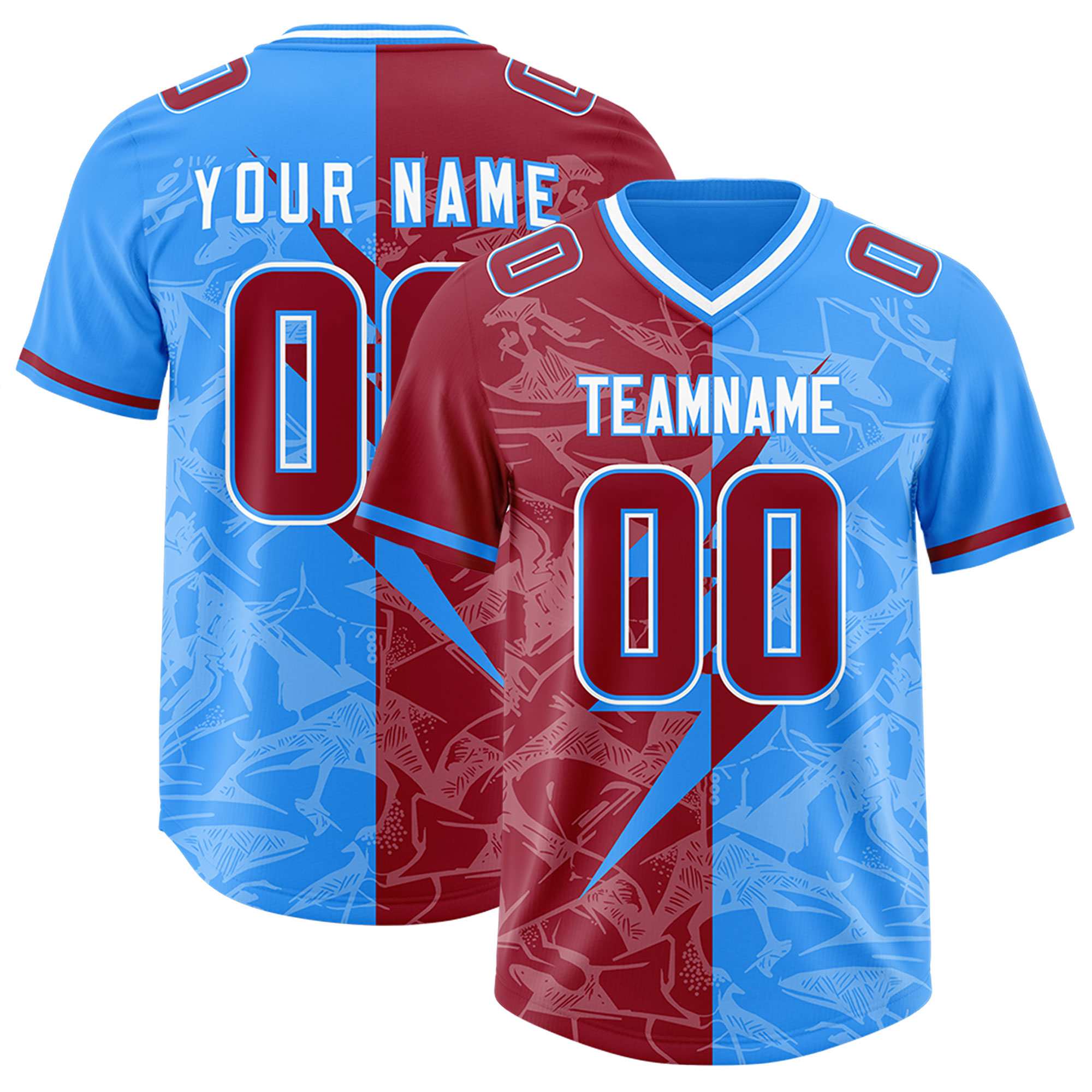 Custom Light Blue Cardinal Split Personalized Lightning Pattern American Football Jersey