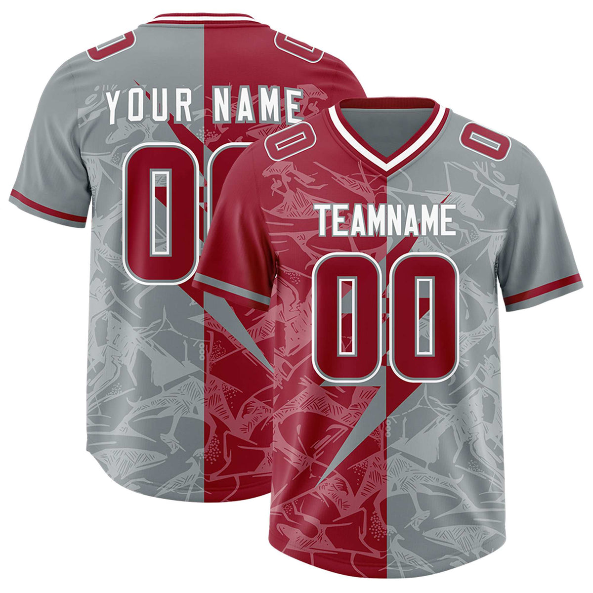 Custom Gray Cardinal Split Personalized Lightning Pattern American Football Jersey