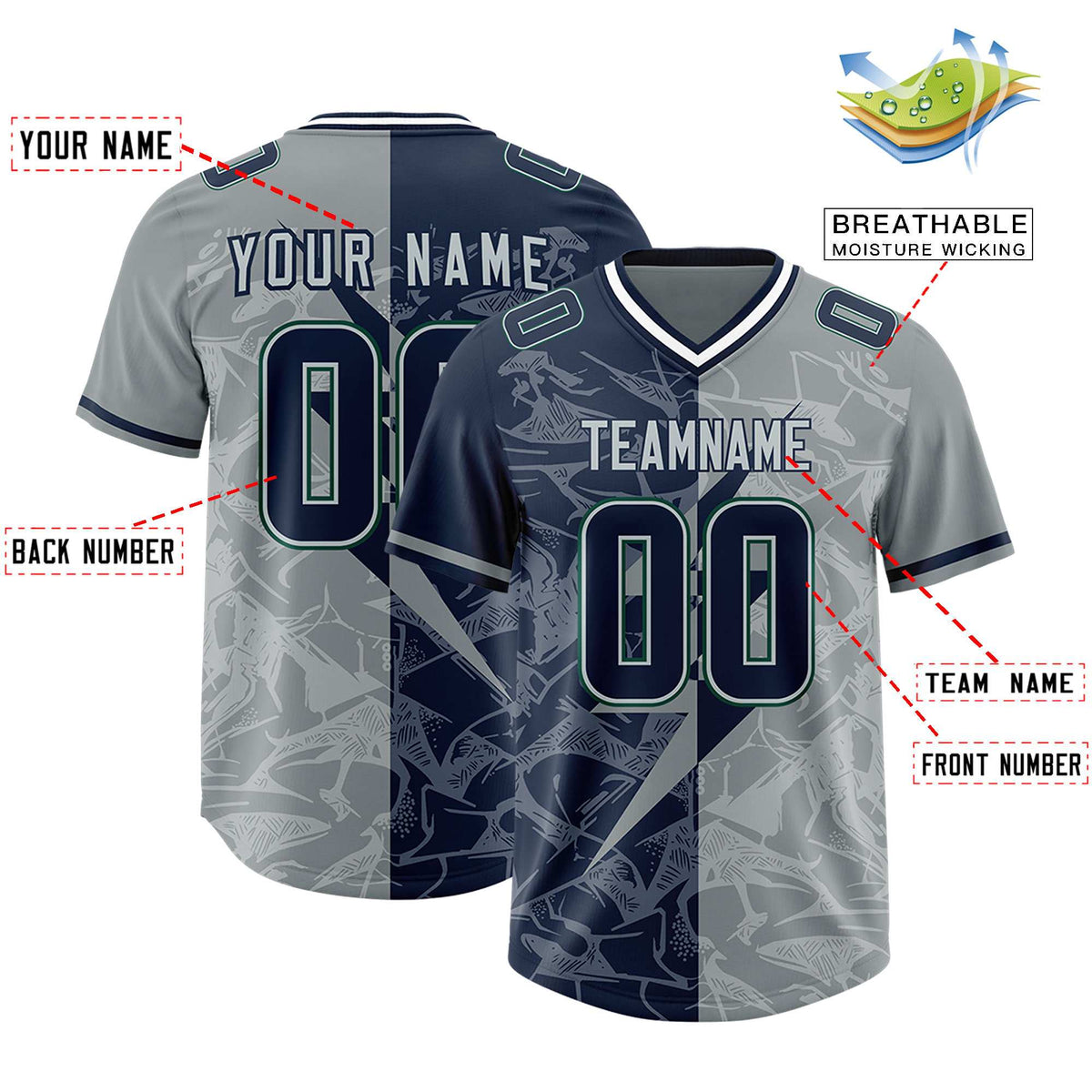 Custom Navy Gray Split Personalized Lightning Pattern American Football Jersey