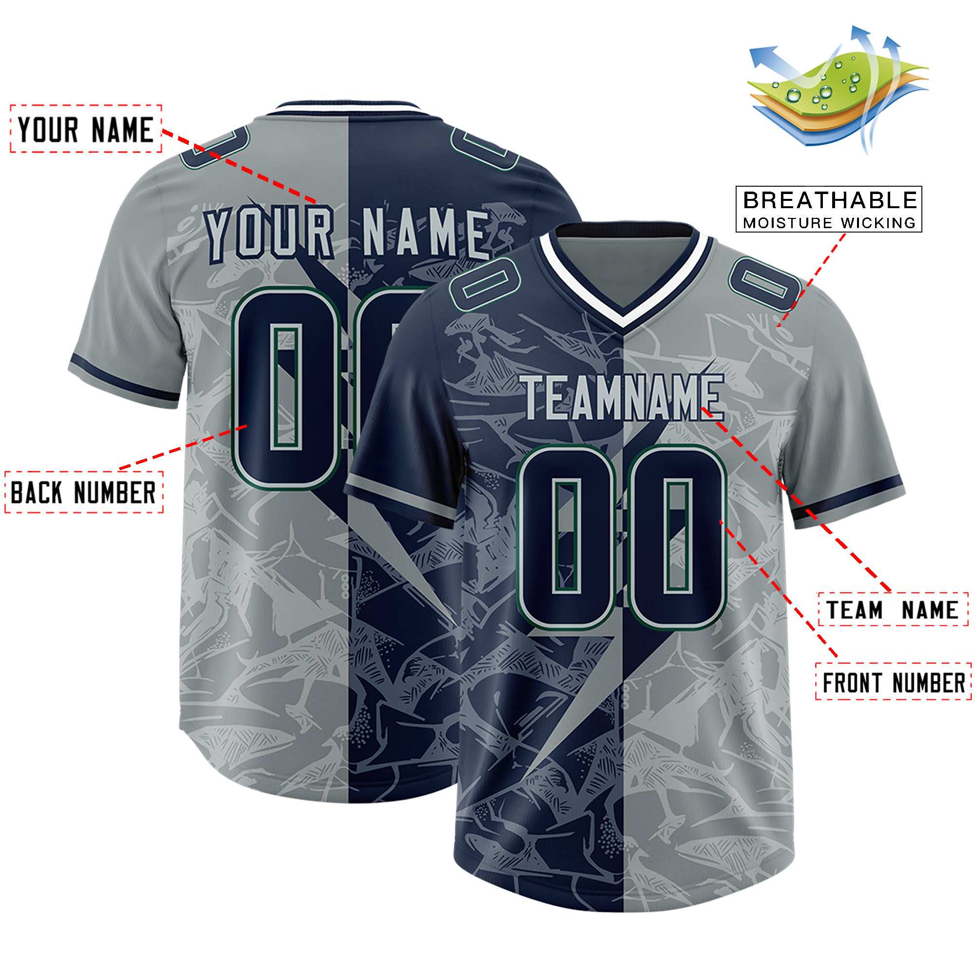 Custom Navy Gray Split Personalized Lightning Pattern American Football Jersey