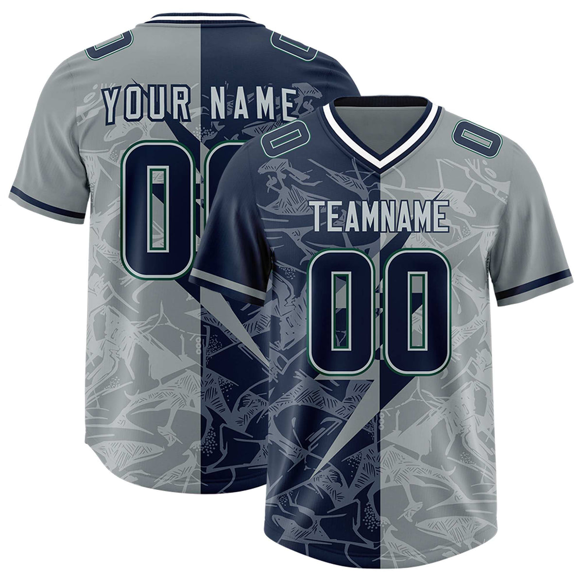Custom Navy Gray Split Personalized Lightning Pattern American Football Jersey