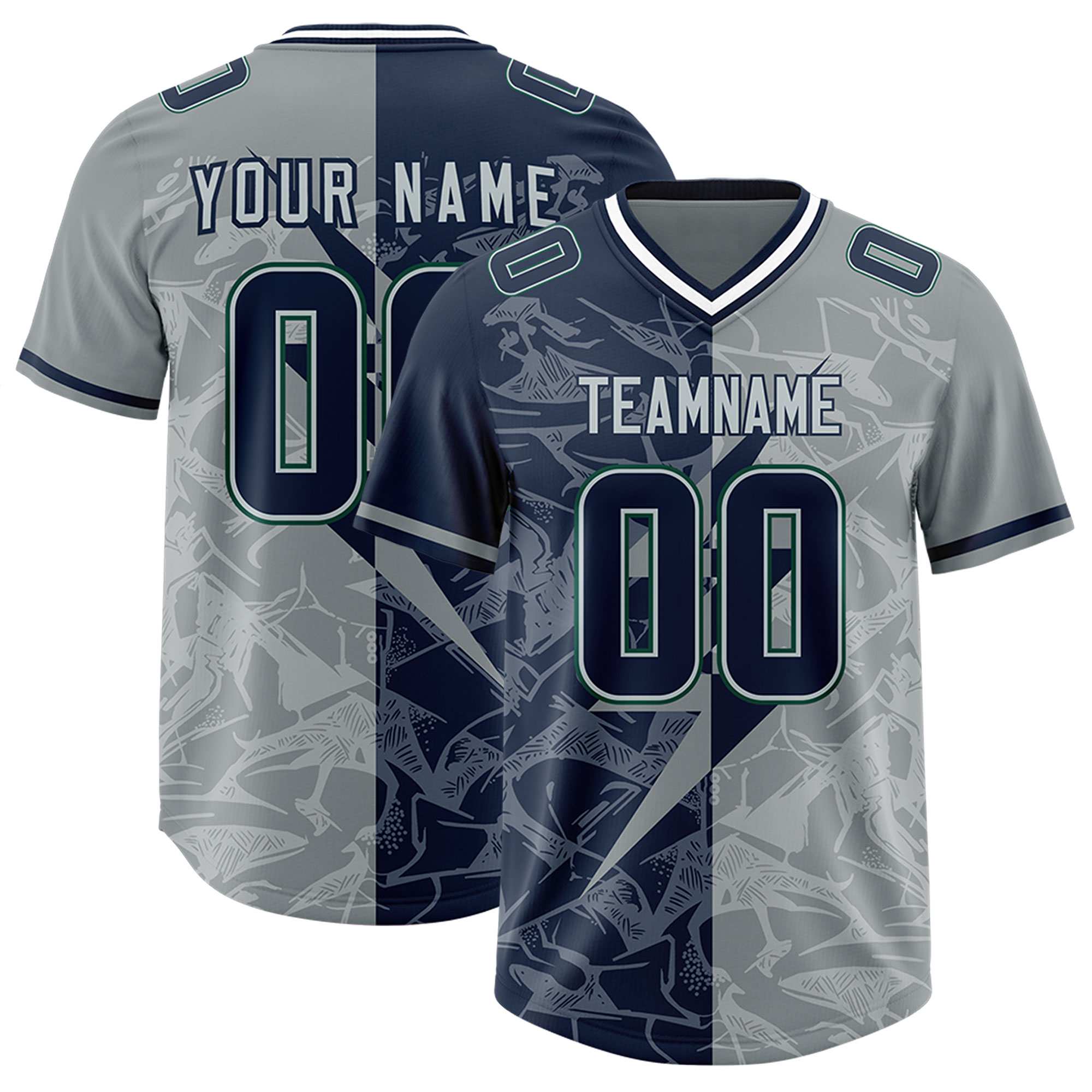 Custom Navy Gray Split Personalized Lightning Pattern American Football Jersey