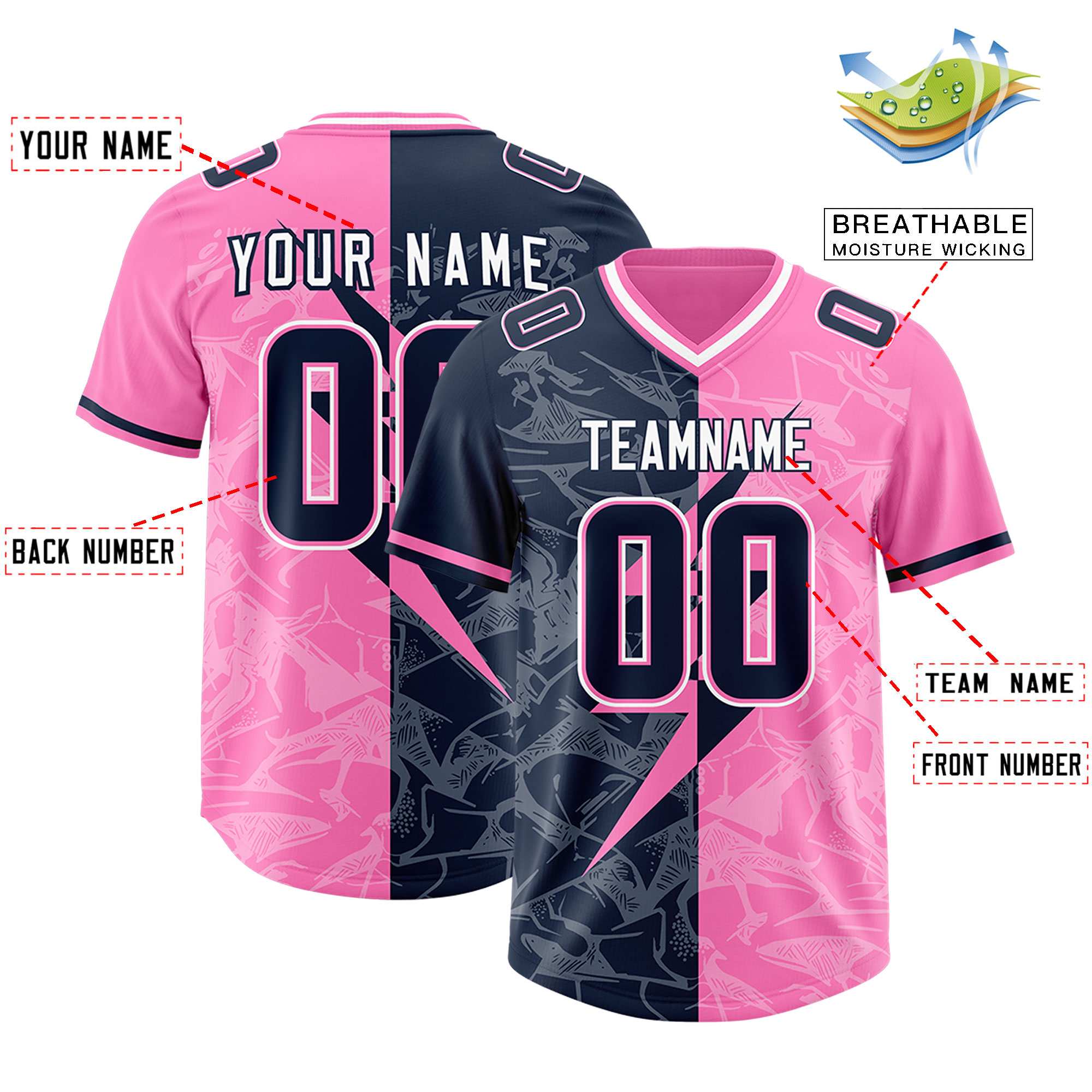 Custom Pink Navy Split Personalized Lightning Pattern American Football Jersey