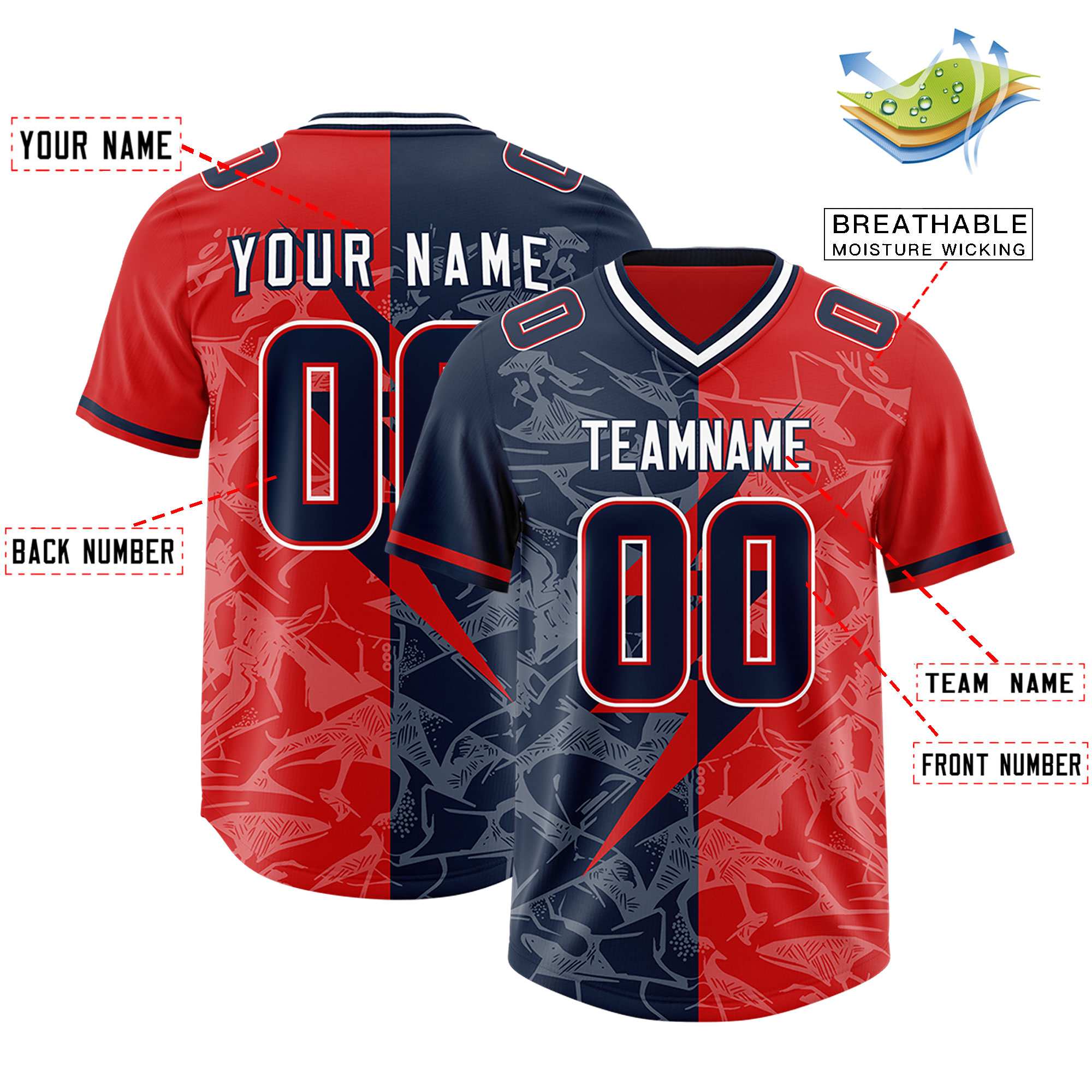 Custom Red Navy Split Personalized Lightning Pattern American Football Jersey