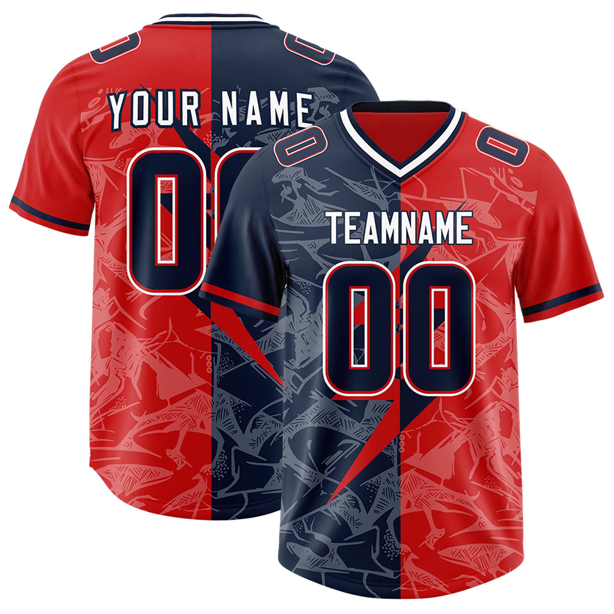 Custom Red Navy Split Personalized Lightning Pattern American Football Jersey