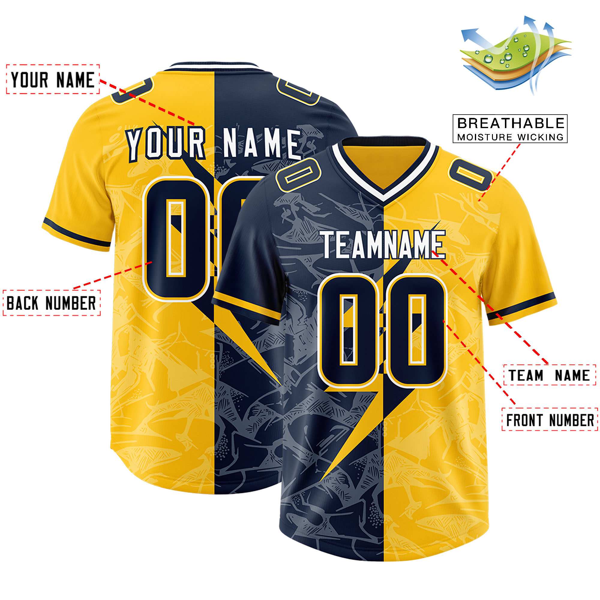 Custom Gold Navy Split Personalized Lightning Pattern American Football Jersey