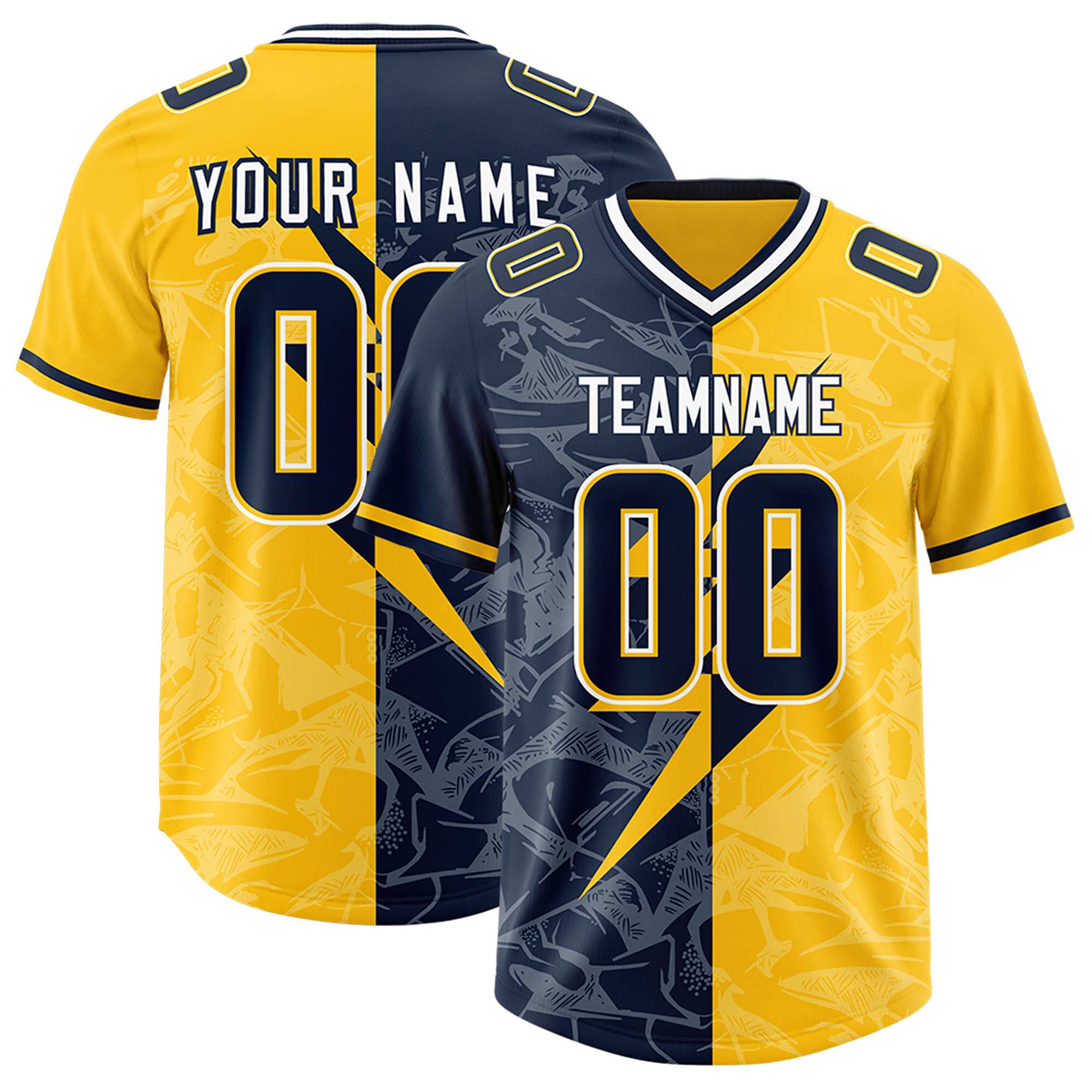 Custom Gold Navy Split Personalized Lightning Pattern American Football Jersey