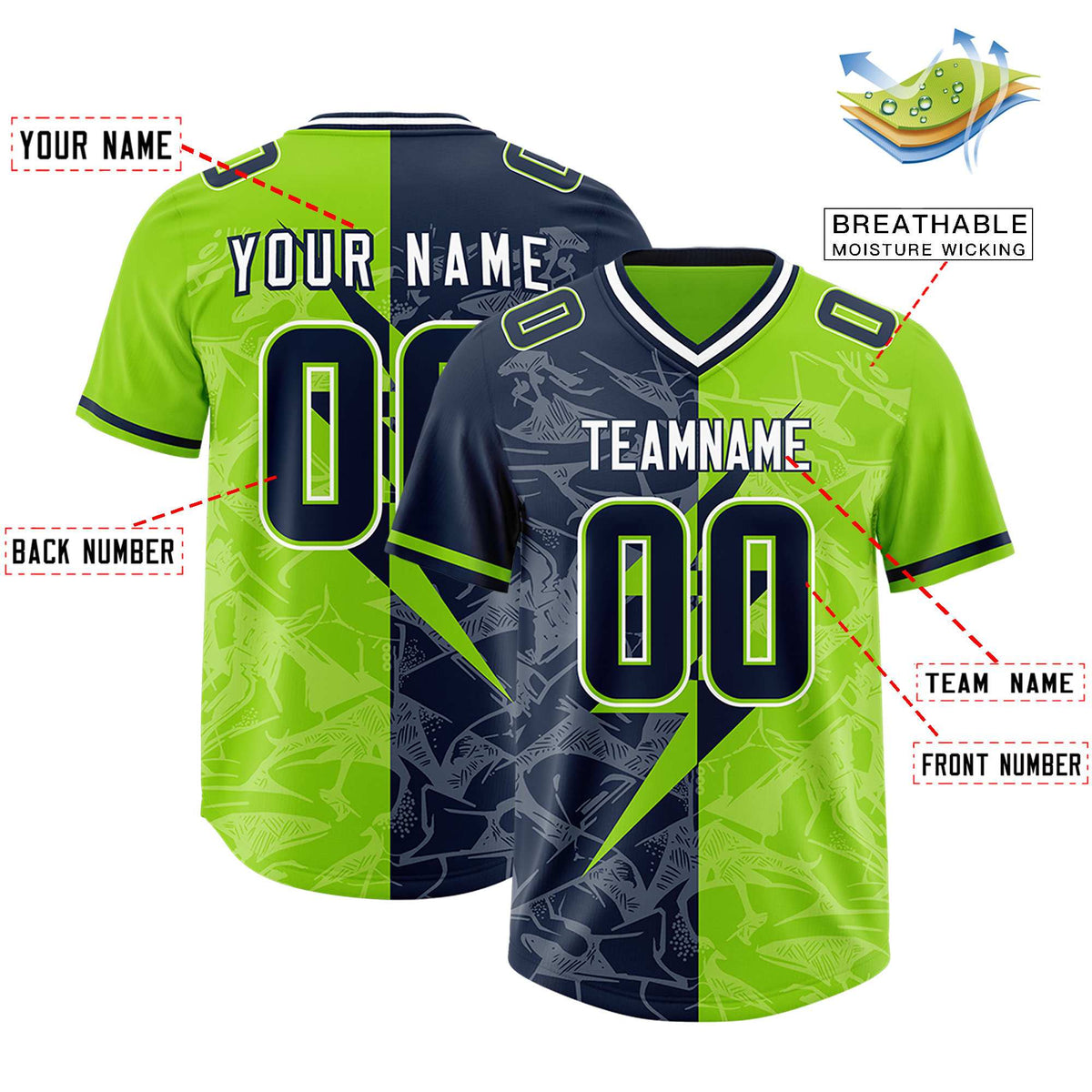 Custom Neon Green Navy Split Personalized Lightning Pattern American Football Jersey