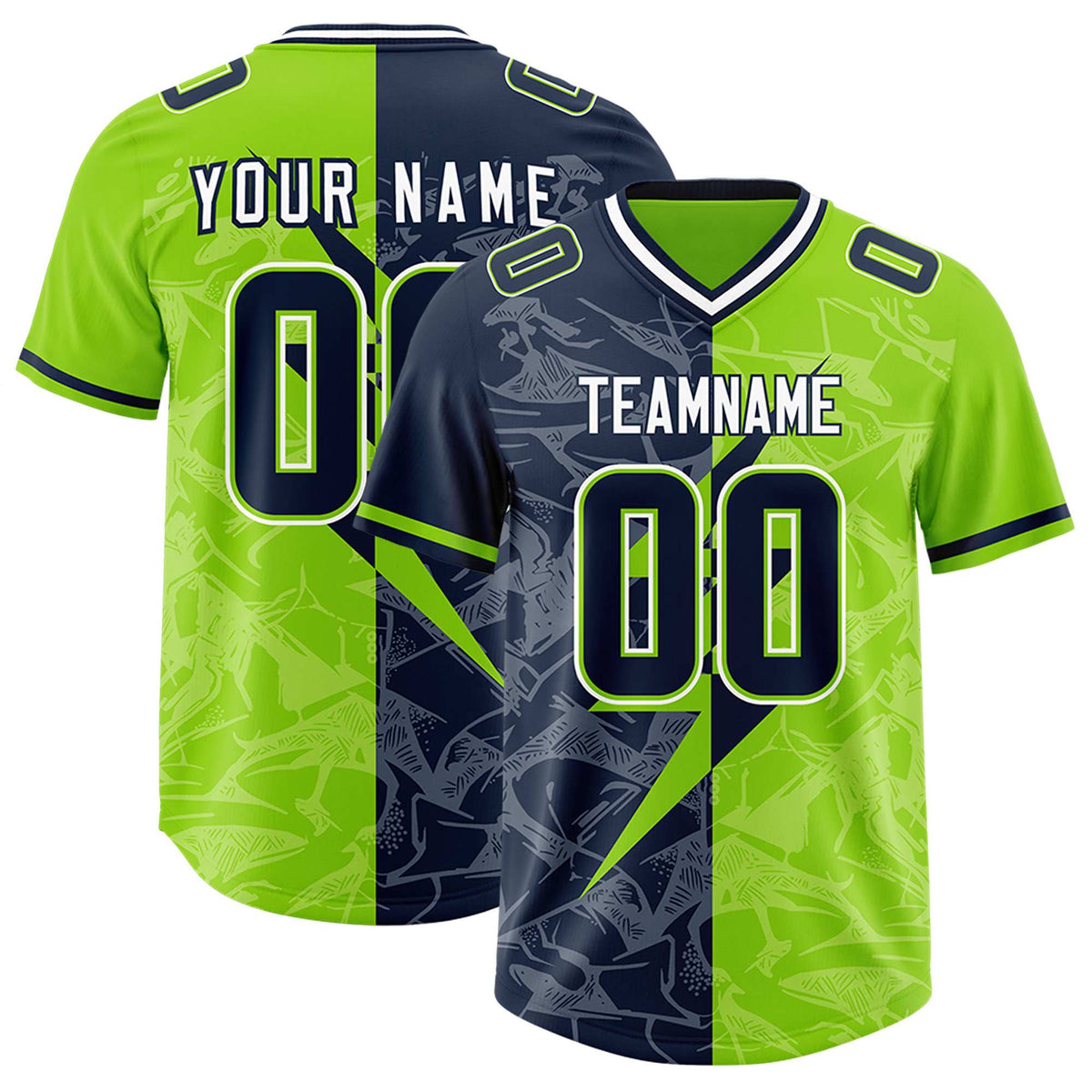Custom Neon Green Navy Split Personalized Lightning Pattern American Football Jersey