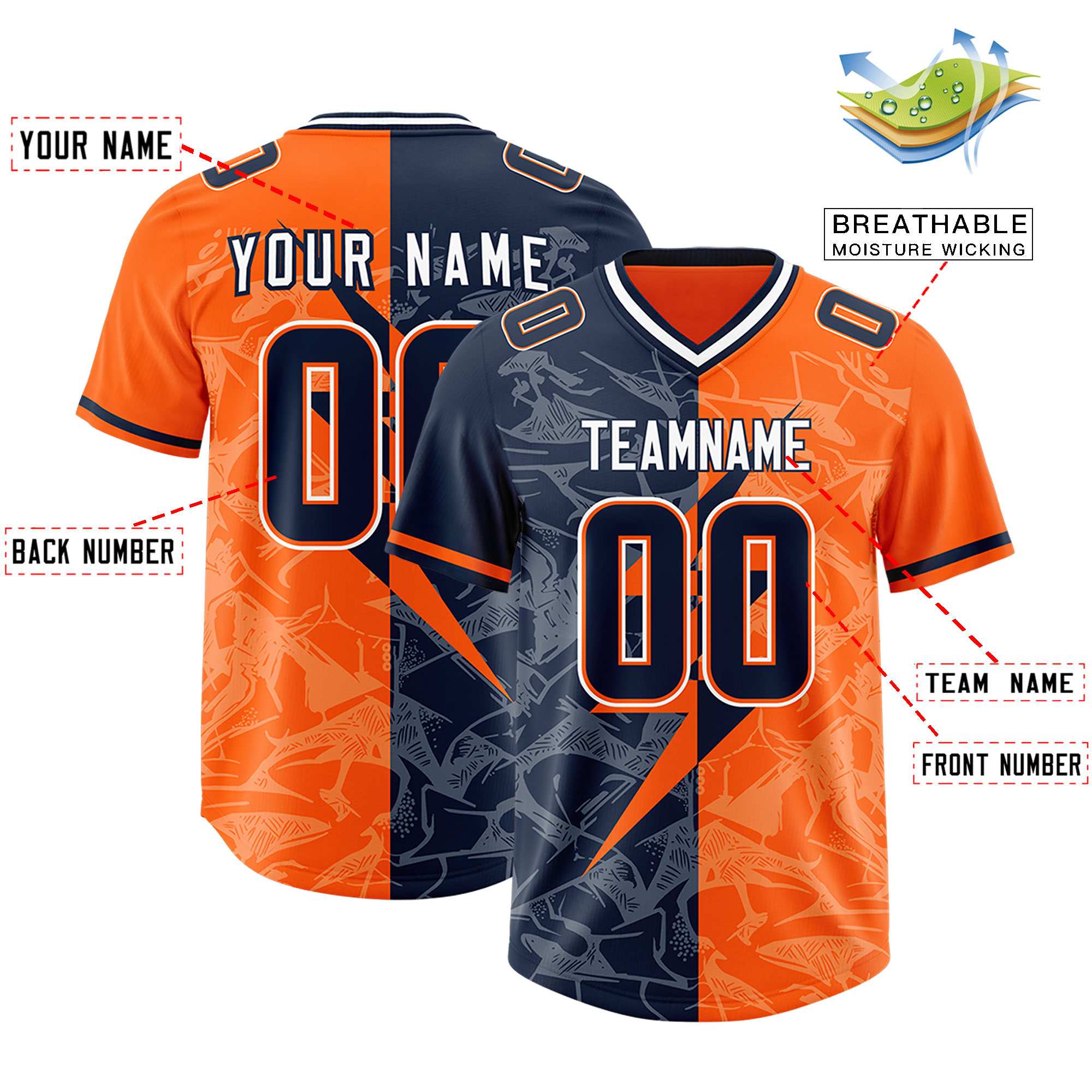 Custom Orange Navy Split Personalized Lightning Pattern American Football Jersey