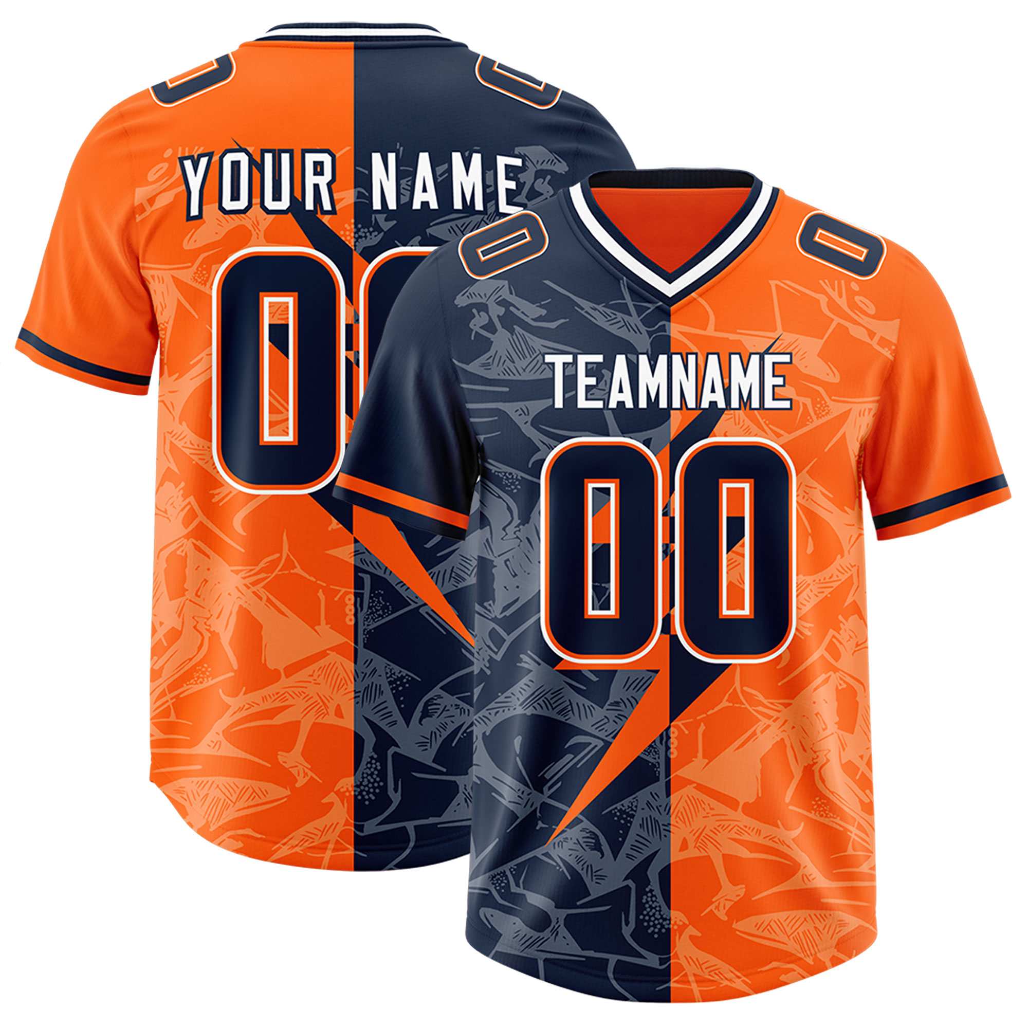 Custom Orange Navy Split Personalized Lightning Pattern American Football Jersey