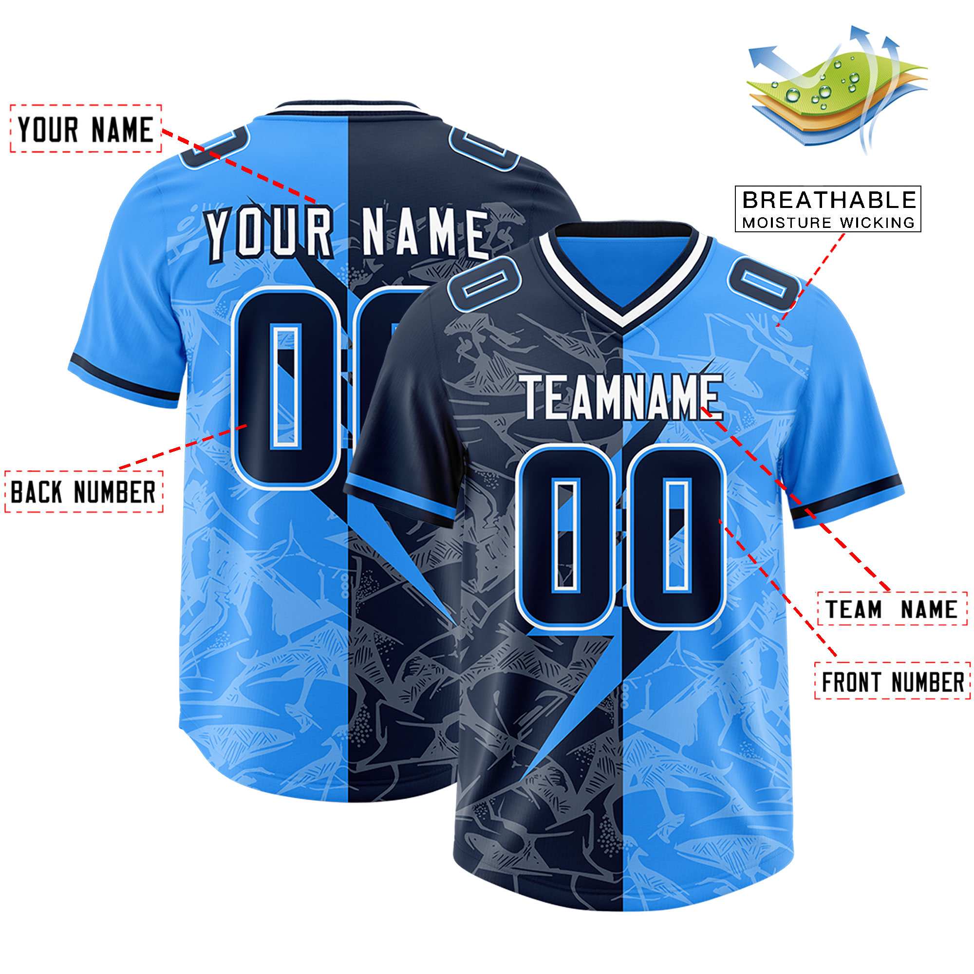 Custom Light Blue Navy Split Personalized Lightning Pattern American Football Jersey