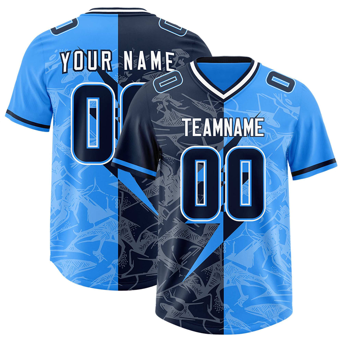 Custom Light Blue Navy Split Personalized Lightning Pattern American Football Jersey