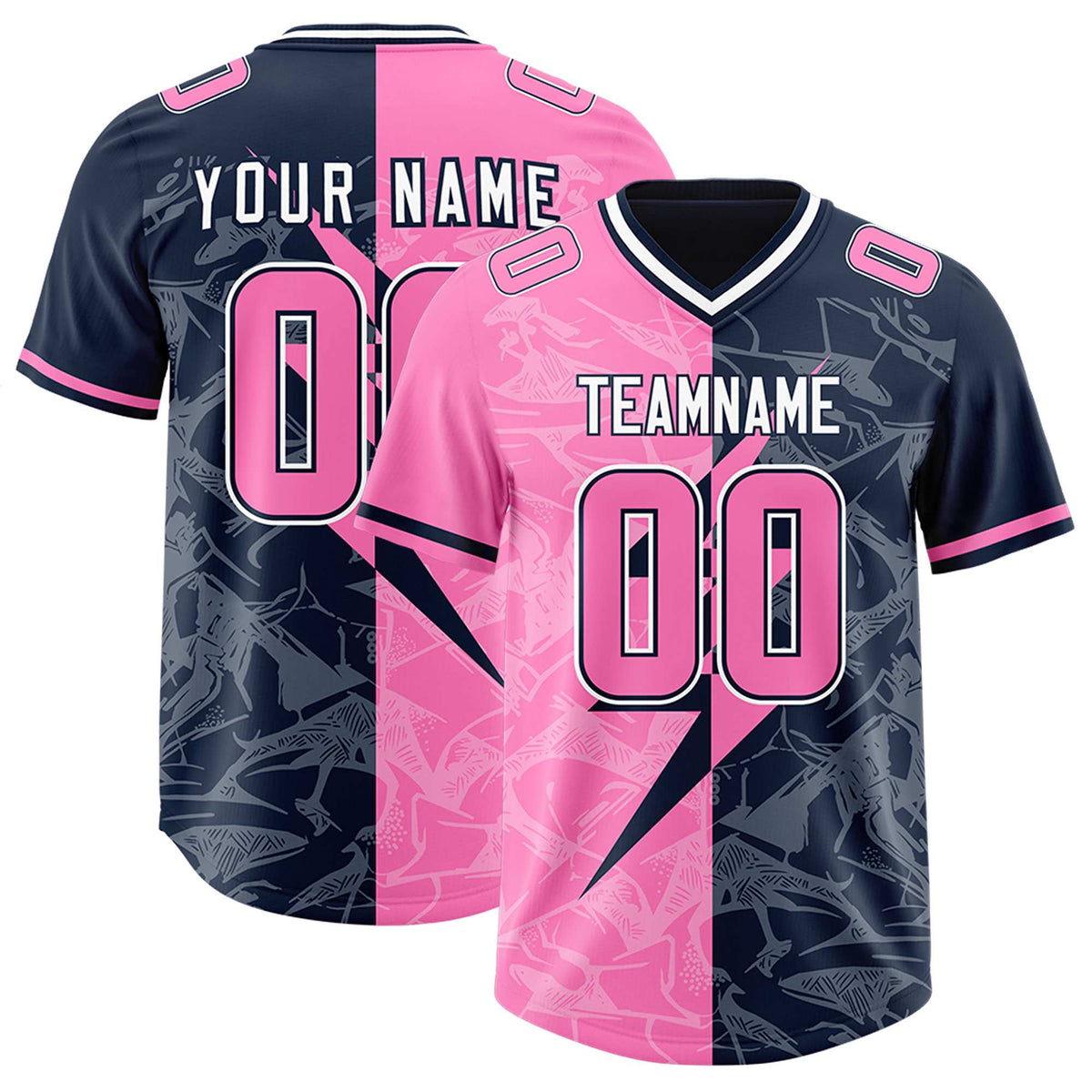 Custom Navy Pink Split Personalized Lightning Pattern American Football Jersey