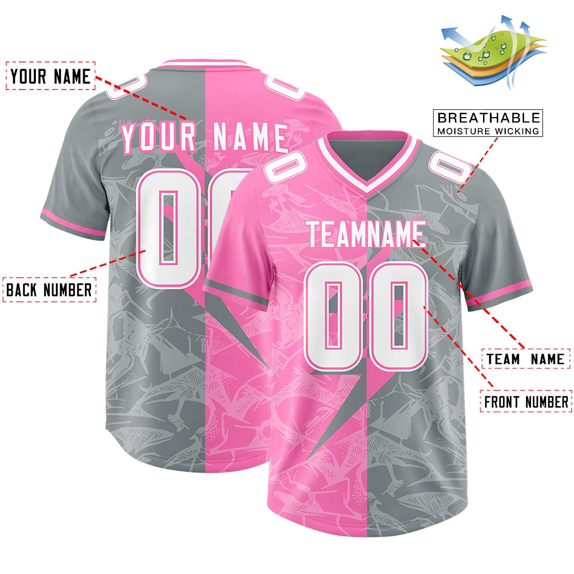 Custom Gray Pink Split Personalized Lightning Pattern American Football Jersey