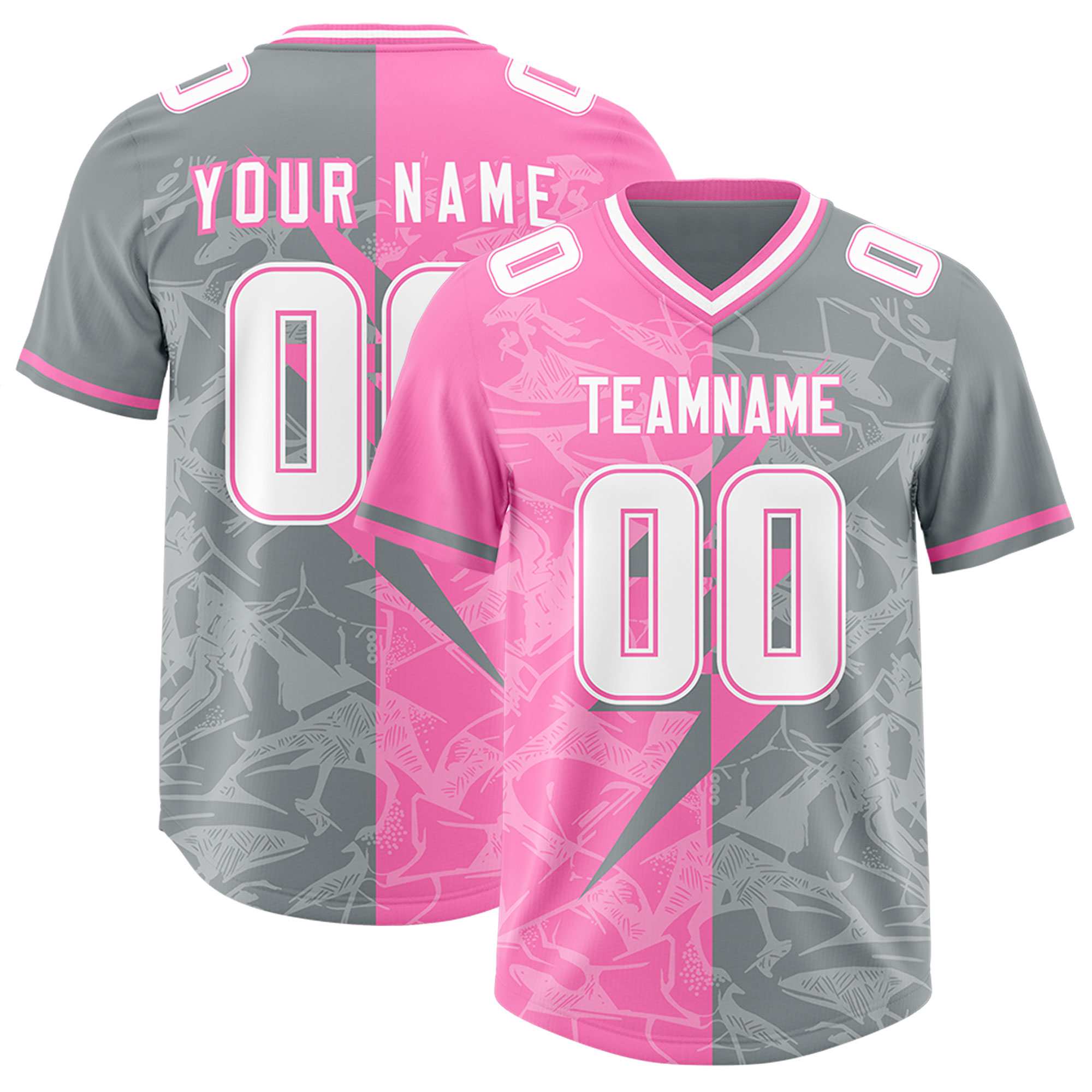 Custom Gray Pink Split Personalized Lightning Pattern American Football Jersey