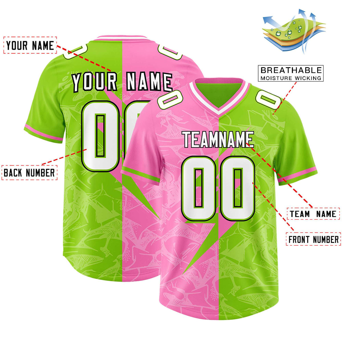 Custom Neon Green Pink Split Personalized Lightning Pattern American Football Jersey