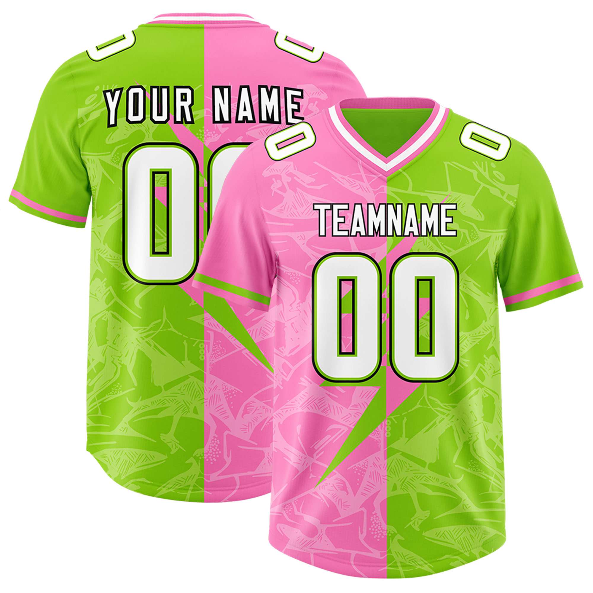 Custom Neon Green Pink Split Personalized Lightning Pattern American Football Jersey
