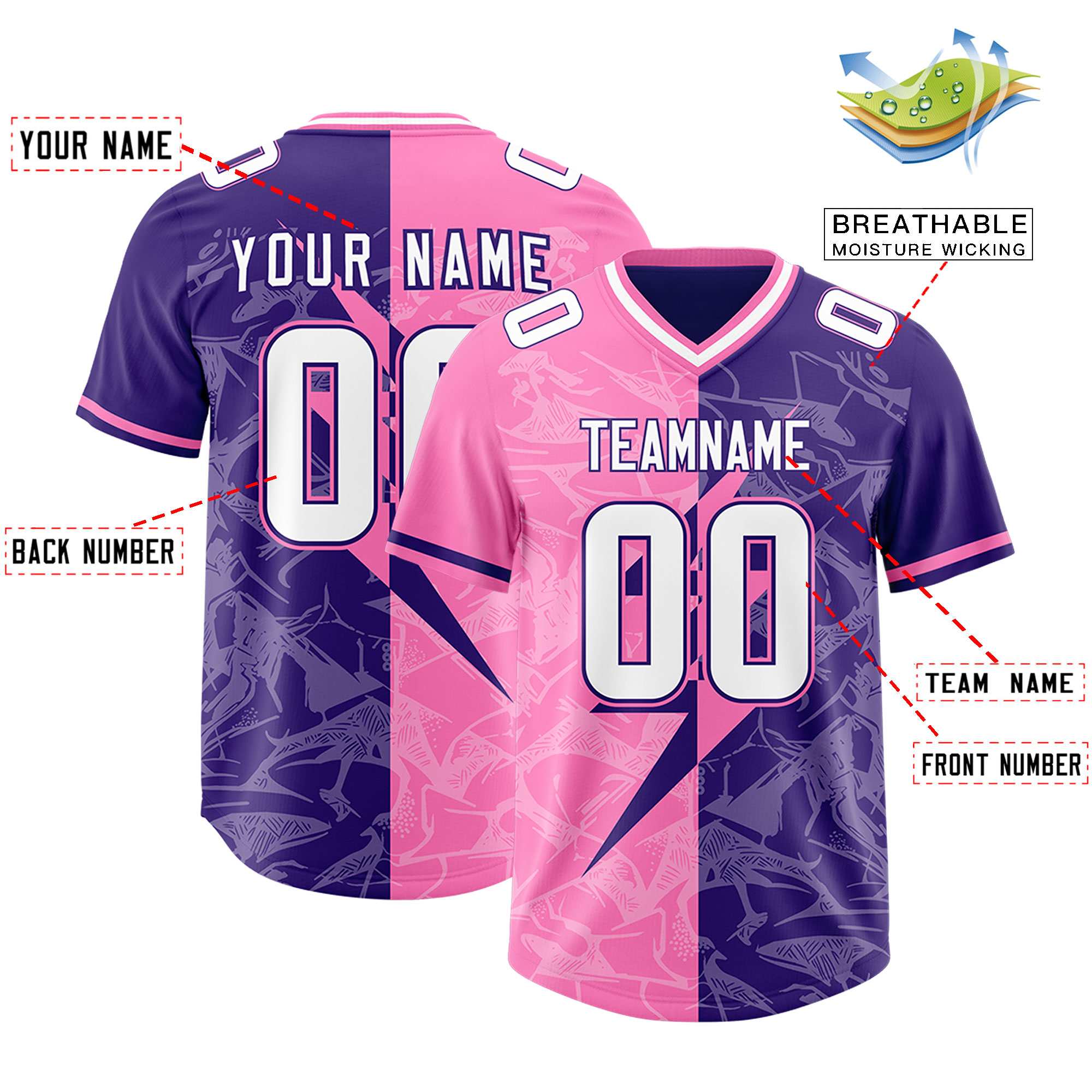 Custom Purple Pink Split Personalized Lightning Pattern American Football Jersey