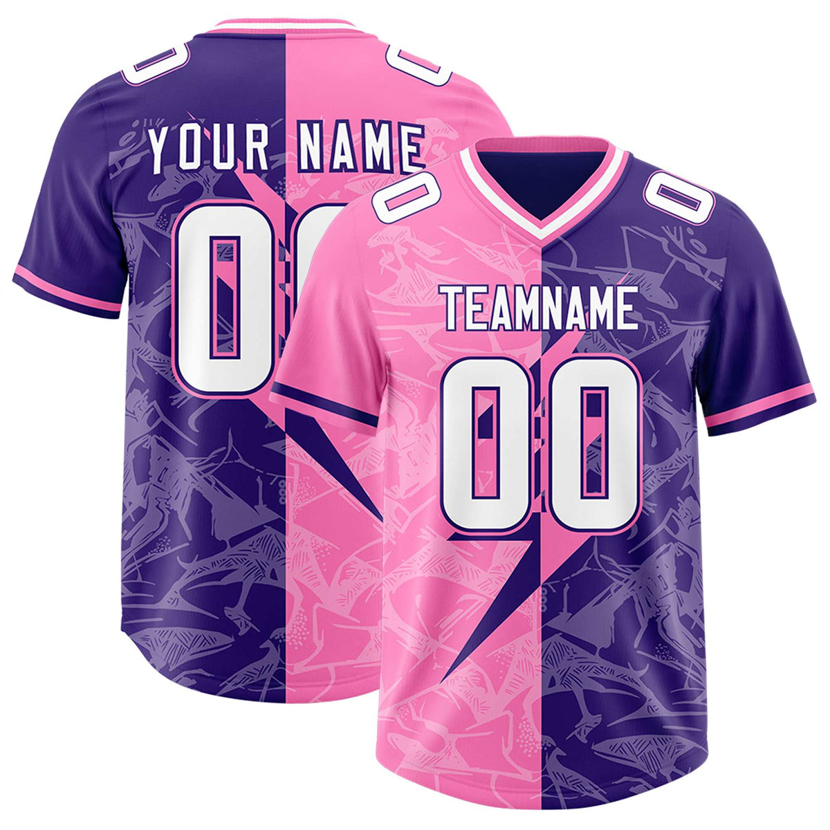 Custom Purple Pink Split Personalized Lightning Pattern American Football Jersey