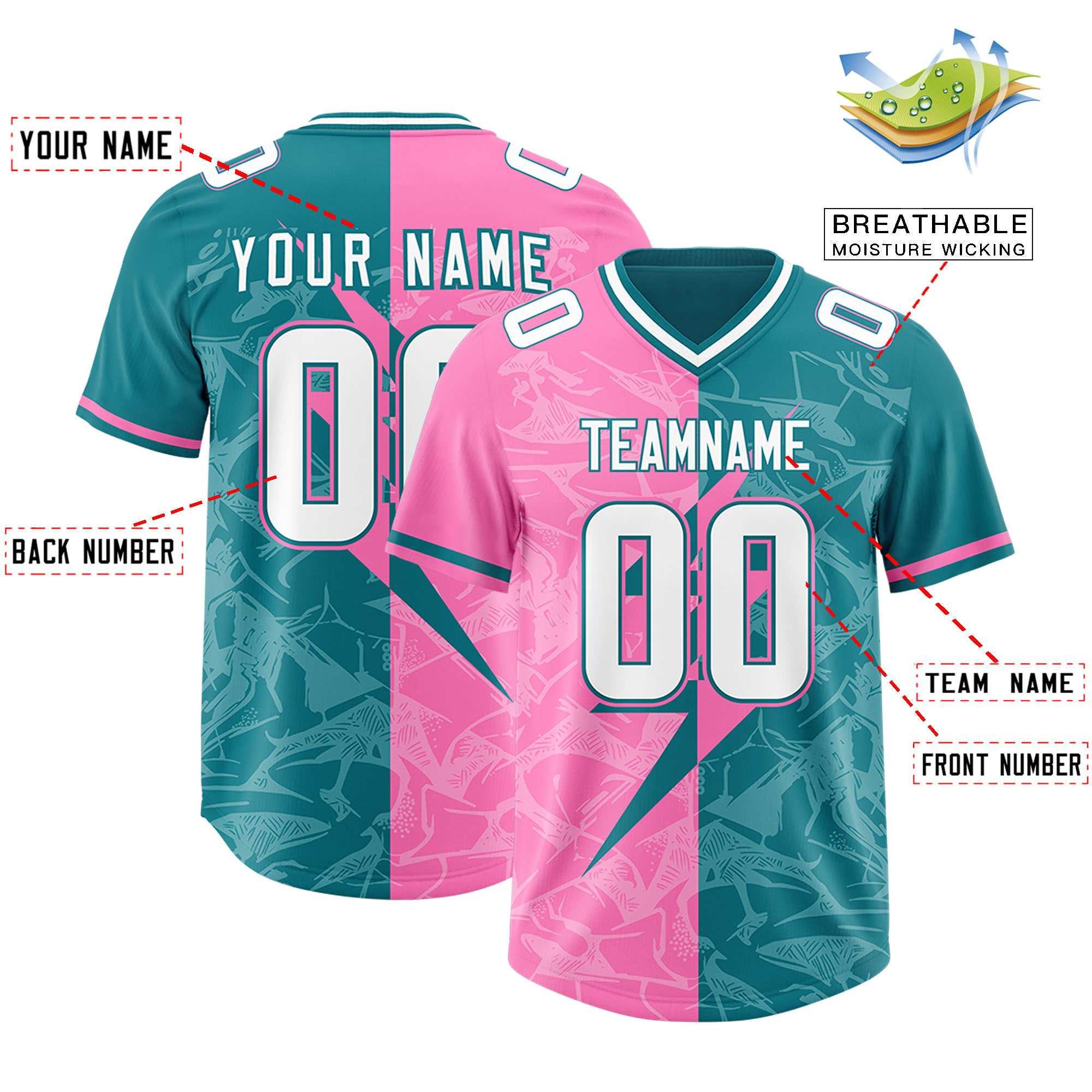 Custom Aqua Pink Split Personalized Lightning Pattern American Football Jersey