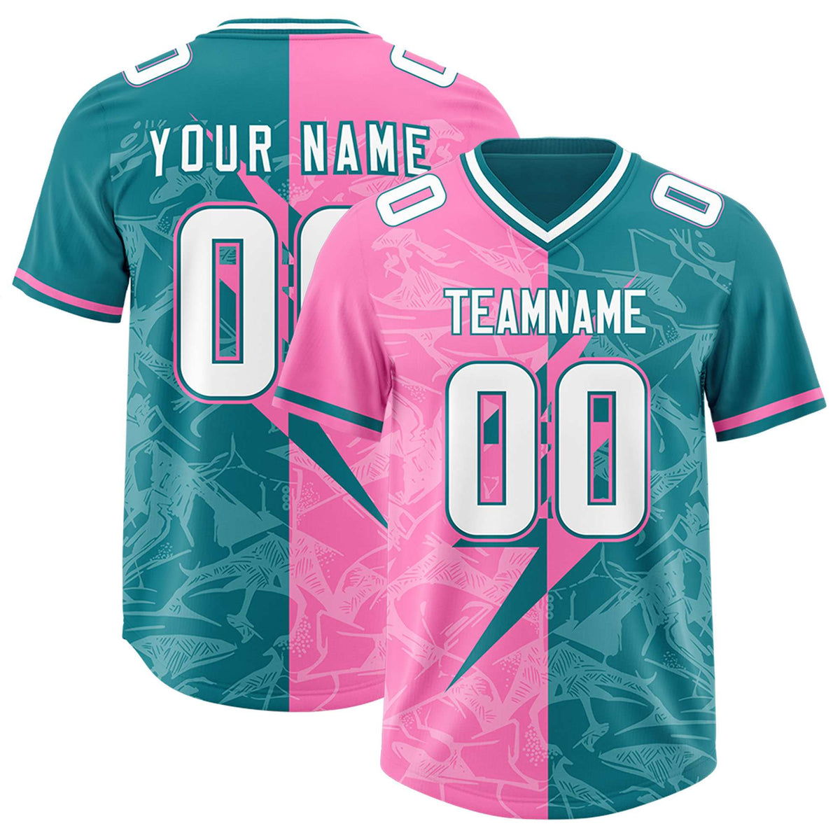 Custom Aqua Pink Split Personalized Lightning Pattern American Football Jersey