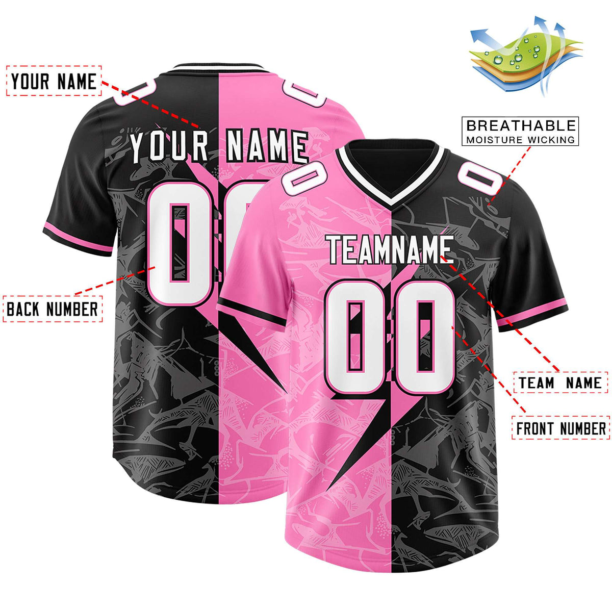 Custom Black Pink Split Personalized Lightning Pattern American Football Jersey