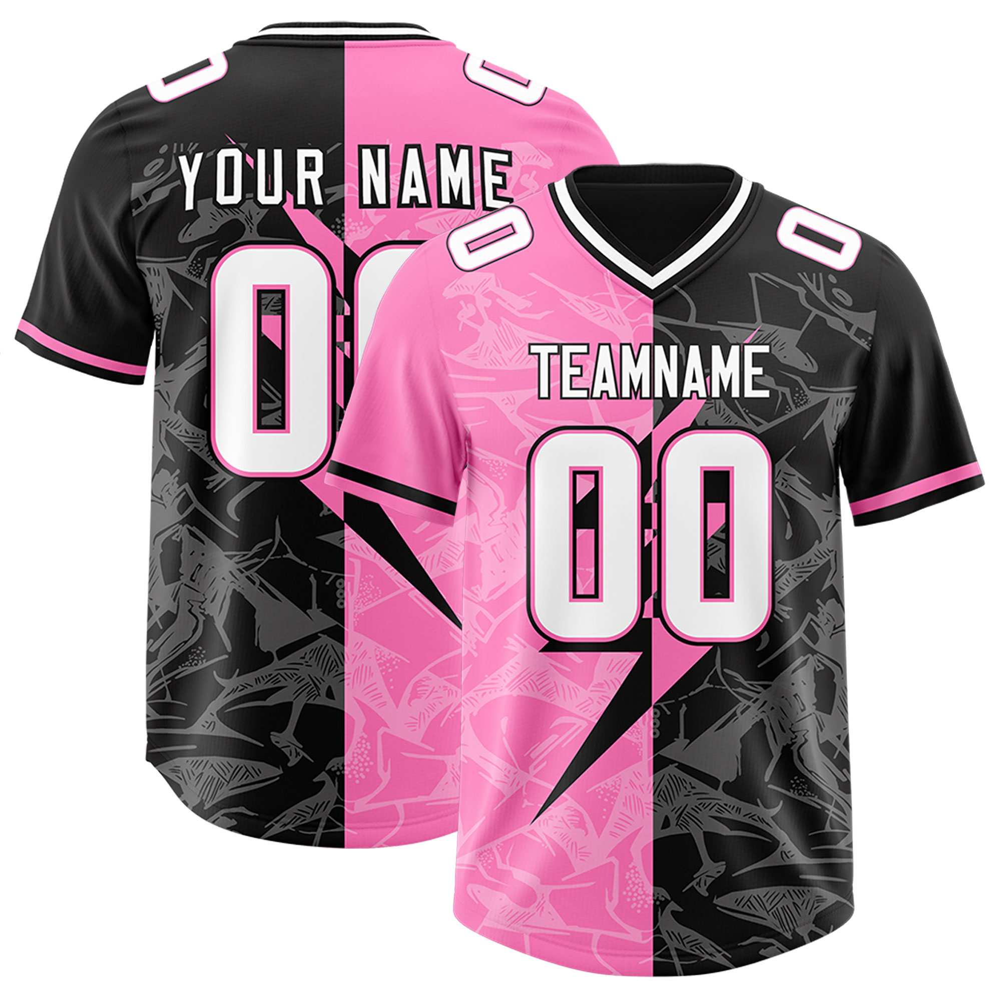 Custom Black Pink Split Personalized Lightning Pattern American Football Jersey
