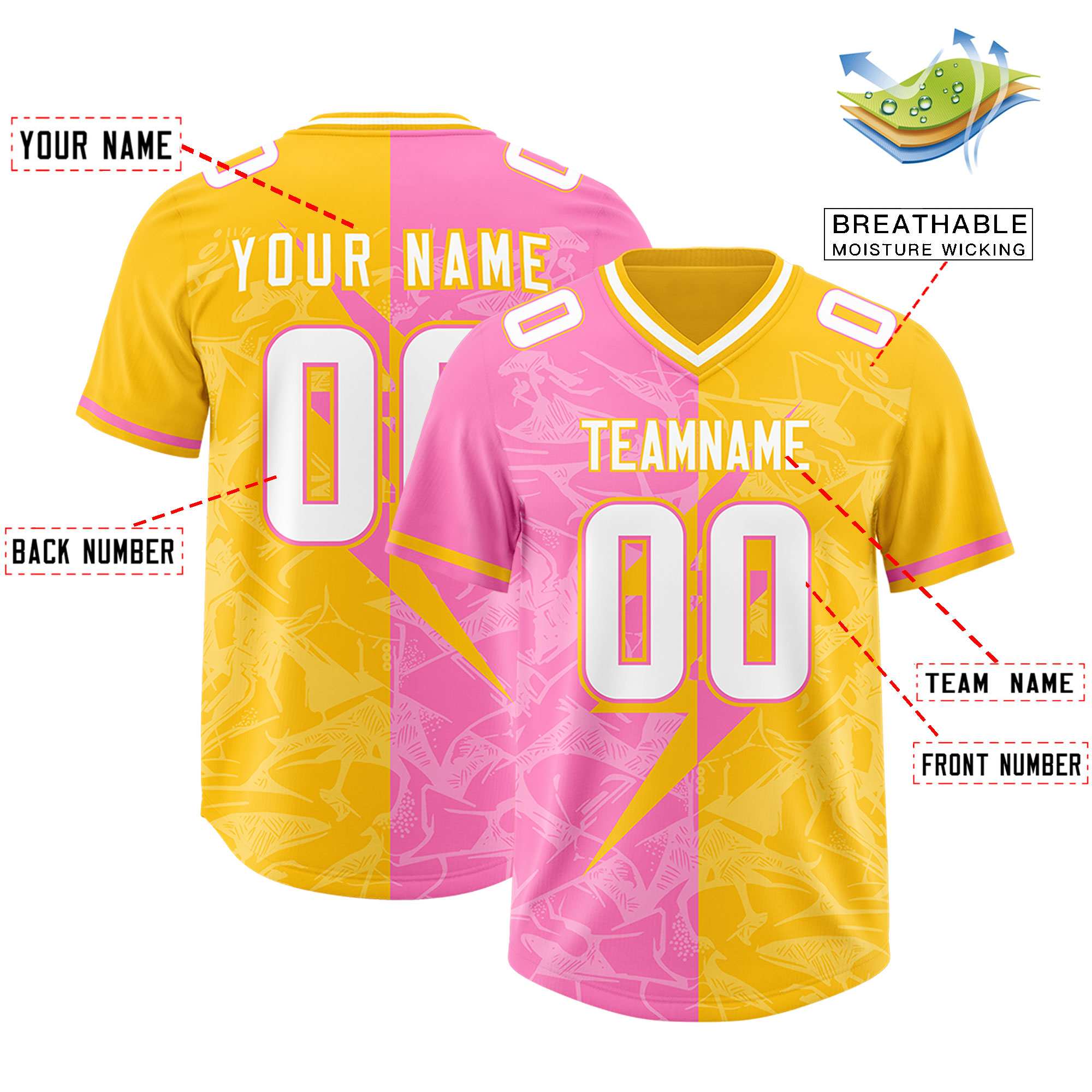 Custom Yellow Pink Split Personalized Lightning Pattern American Football Jersey