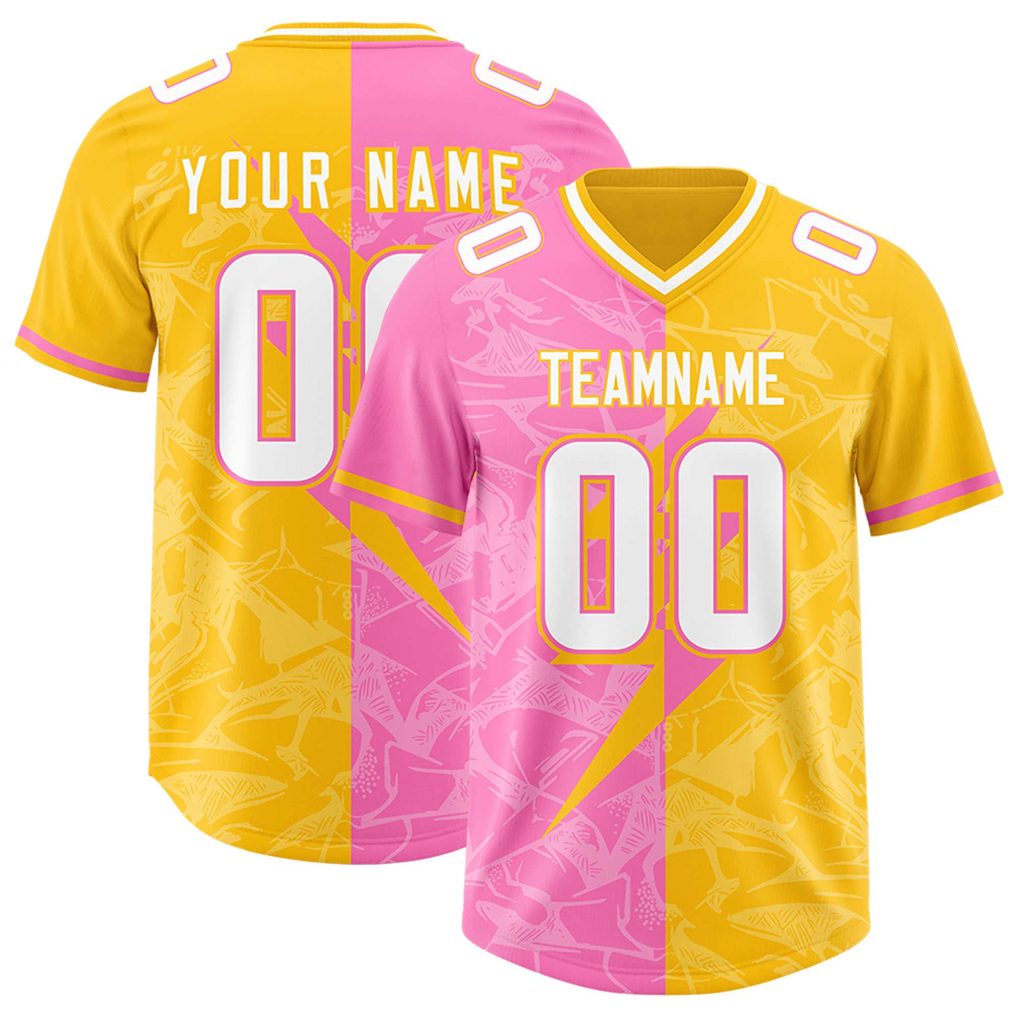 Custom Yellow Pink Split Personalized Lightning Pattern American Football Jersey