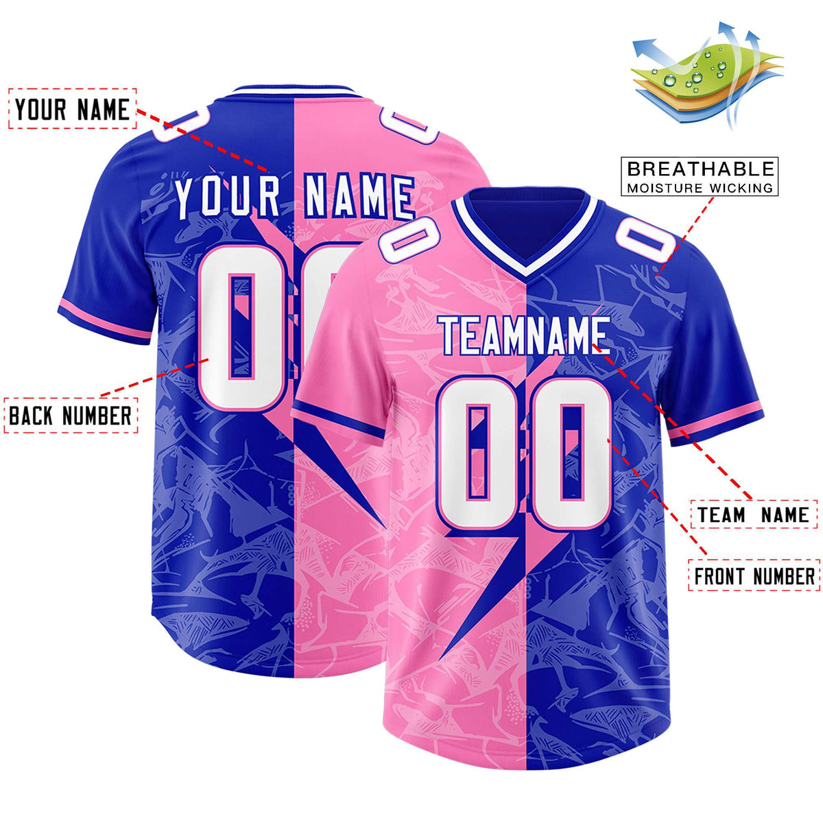 Custom Royal Pink Split Personalized Lightning Pattern American Football Jersey